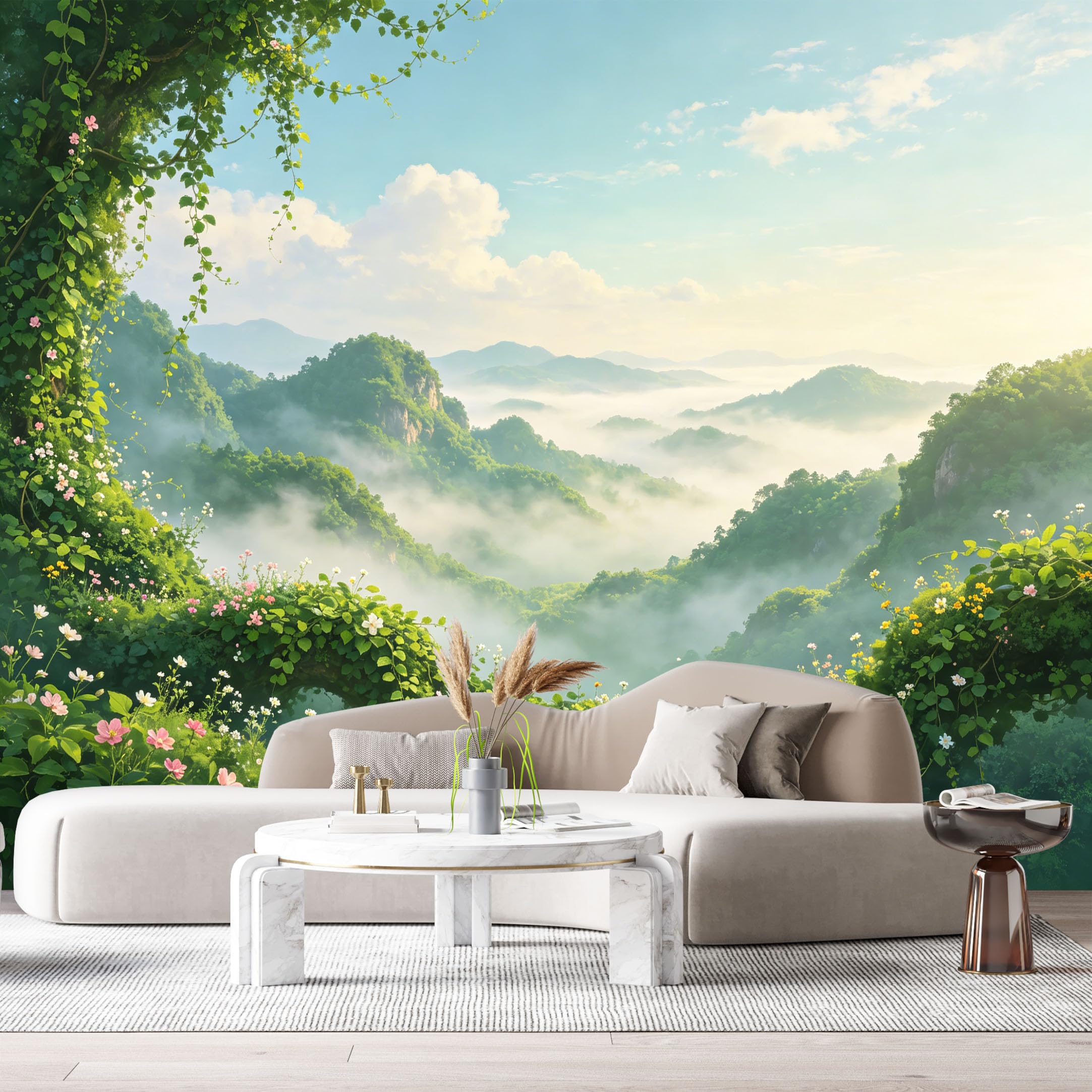 Custom Size Wall Murals Misty Mountain Forest Botanical Tropical Vines Wildflowers SelfAdhesive Wall Fabric Removable Large Wallpaper for Photo Living Room