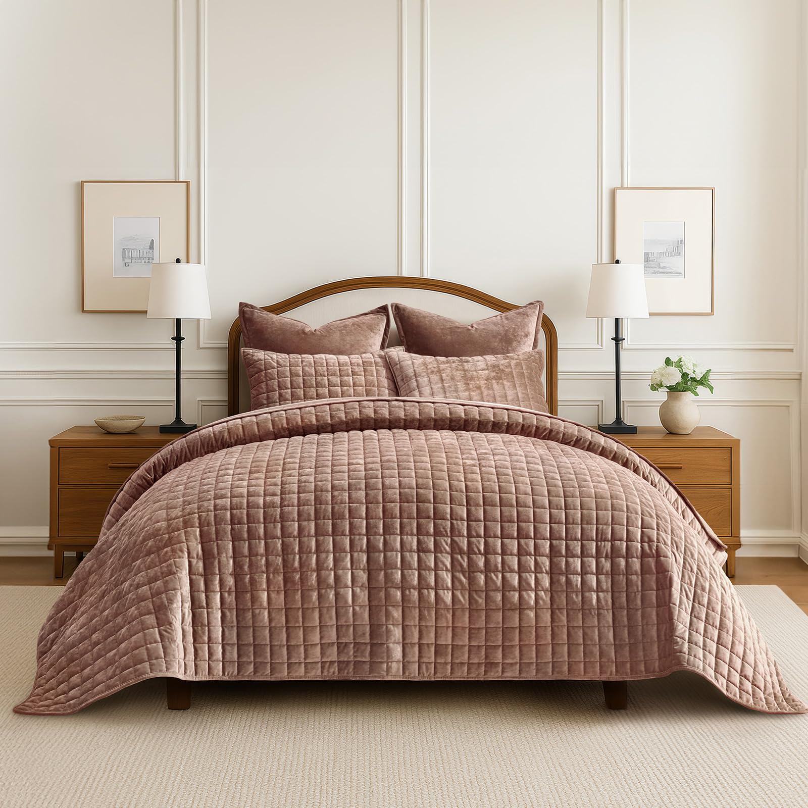 Photo 1 of RECYCO Luxury Velvet Quilt King Size Bedding Set, Ultra Soft Velvet Comforter Set, Lightweight Quilted Channel Box Stitch Oversized Bedspread Coverlet for All Season, with 2 Shams, Terracotta Clay