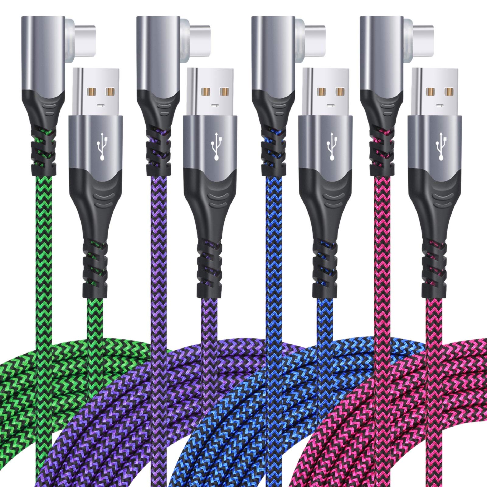 90 Degrees USB Type C Cable, [10ft] 4-Pack Excgood Right Angle Fast Charger Cord Compatible with Galaxy S10/S9/S8/Note,LG,Moto,Pixel and More-Blue,Green,Purple,Hotpink