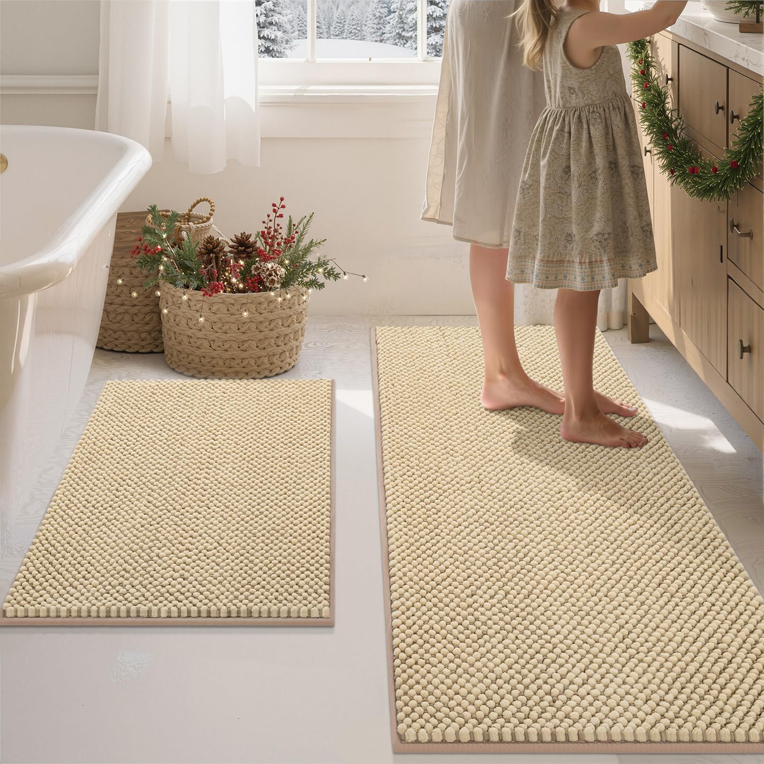 BSICPRO Juego de 2 alfombras de baño de felpilla antideslizantes, gruesas, suaves, absorbentes, bohemias, lavables a máquina, accesorios de