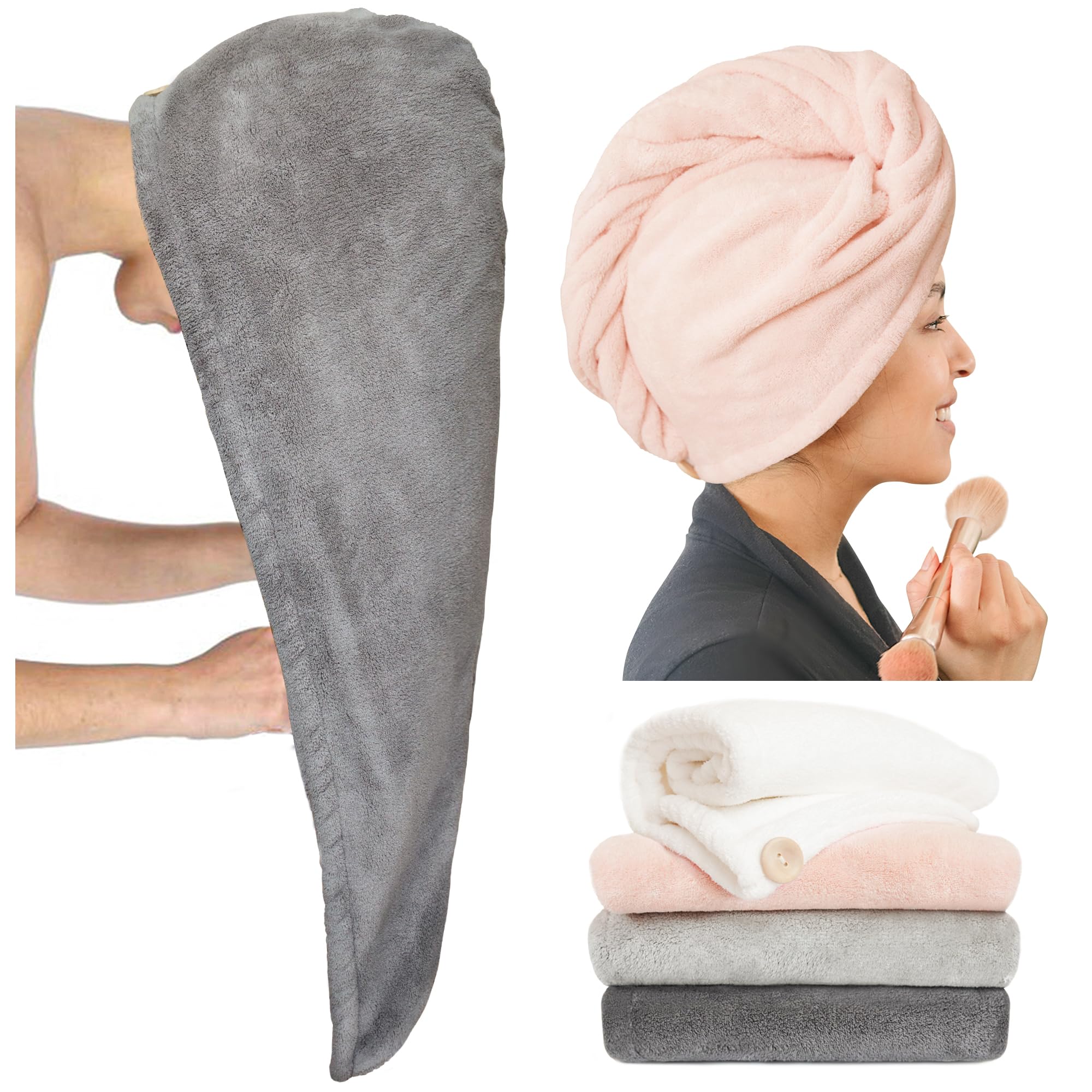 ROLSHOL Extra Großes 4er-Pack Mikrofaser-Haartuch zum Wickeln für Frauen Super saugfähige & schnell trocknende Haartrocknertücher mit Knopf, Haarturbane für lockiges Haar Langes & kurzes Haar