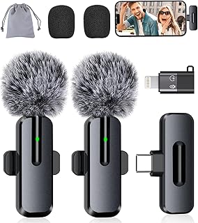 Wireless Mini Microphone for iPhone - 2 Pack Lavalier bluetooth Microphone for Video Recording, 2 In 1 Noise Reduction Lap...