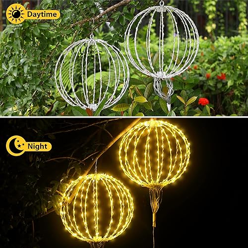 Miniatura 6 de Paquete de 3 bolas LED de Navidad para árbol de 12 pulgadas 160 LED de gran esfera marco de hierro para colgar con 8 modos de parpadeo y carga de