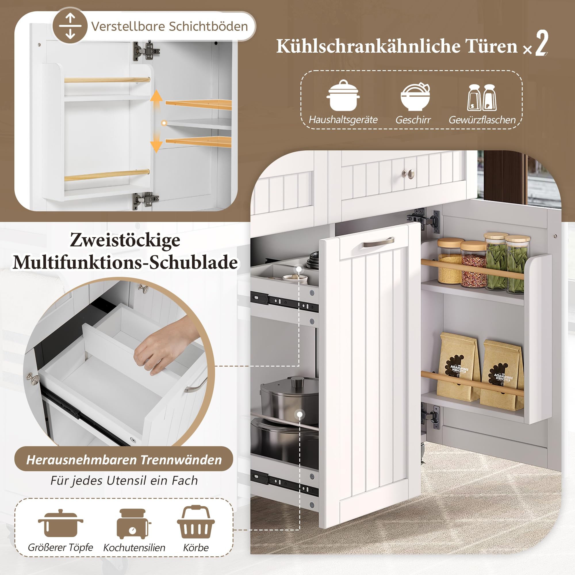 Bladez Isola da Cucina con Ruote e Cassetti, Piano Lavoro Estraibile, Penisola Cucina Multifunzionale con Tavolo, Ideale per Cucina e Sala da Pranzo (Bianco)