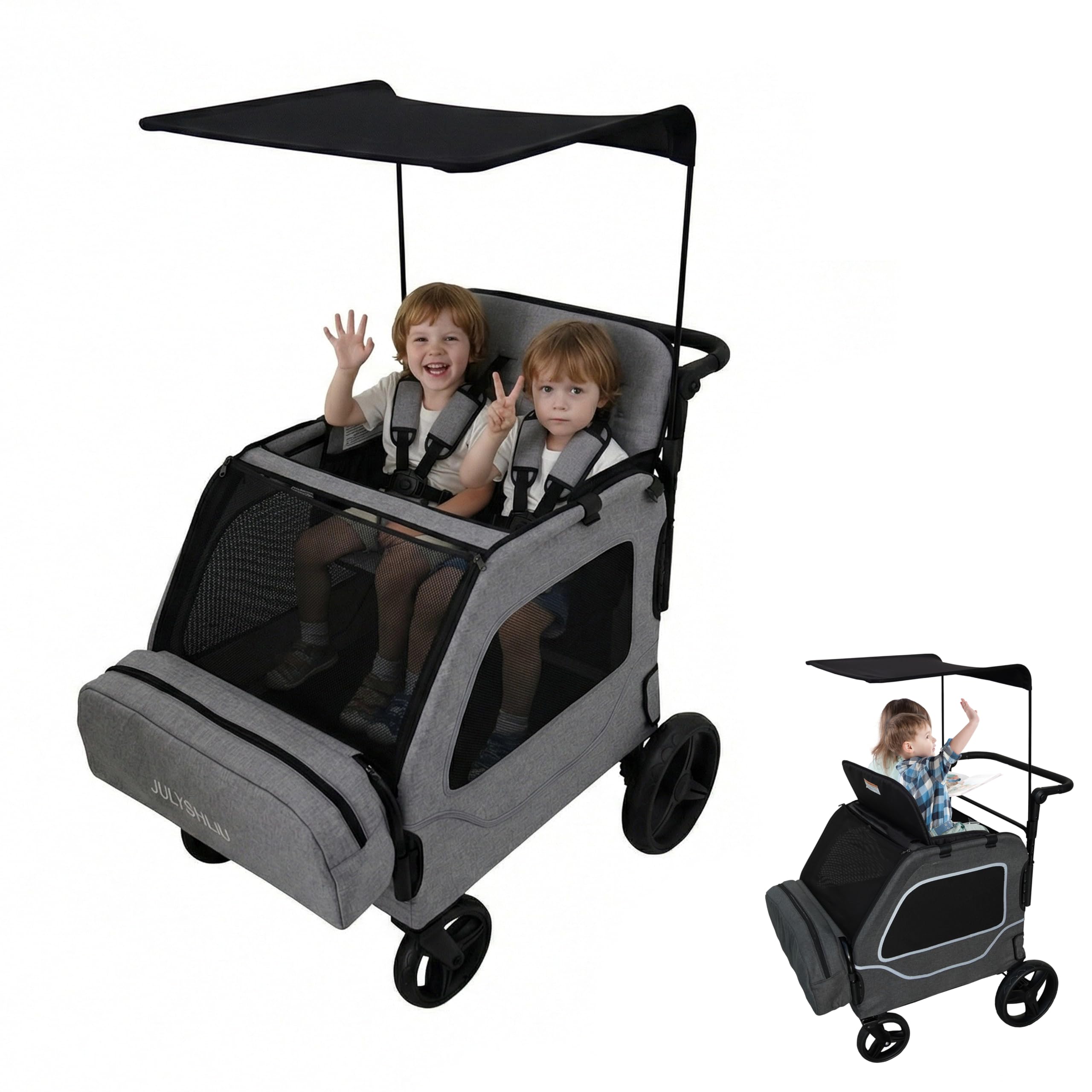 JULYSHILIU Foldable Fun Car-Shaped Wagon Stroller for 2 Kids All-Terrain Push Cart, XL Cargo Space, Removable Canopy, 5-Point Harness & Elevated Seats