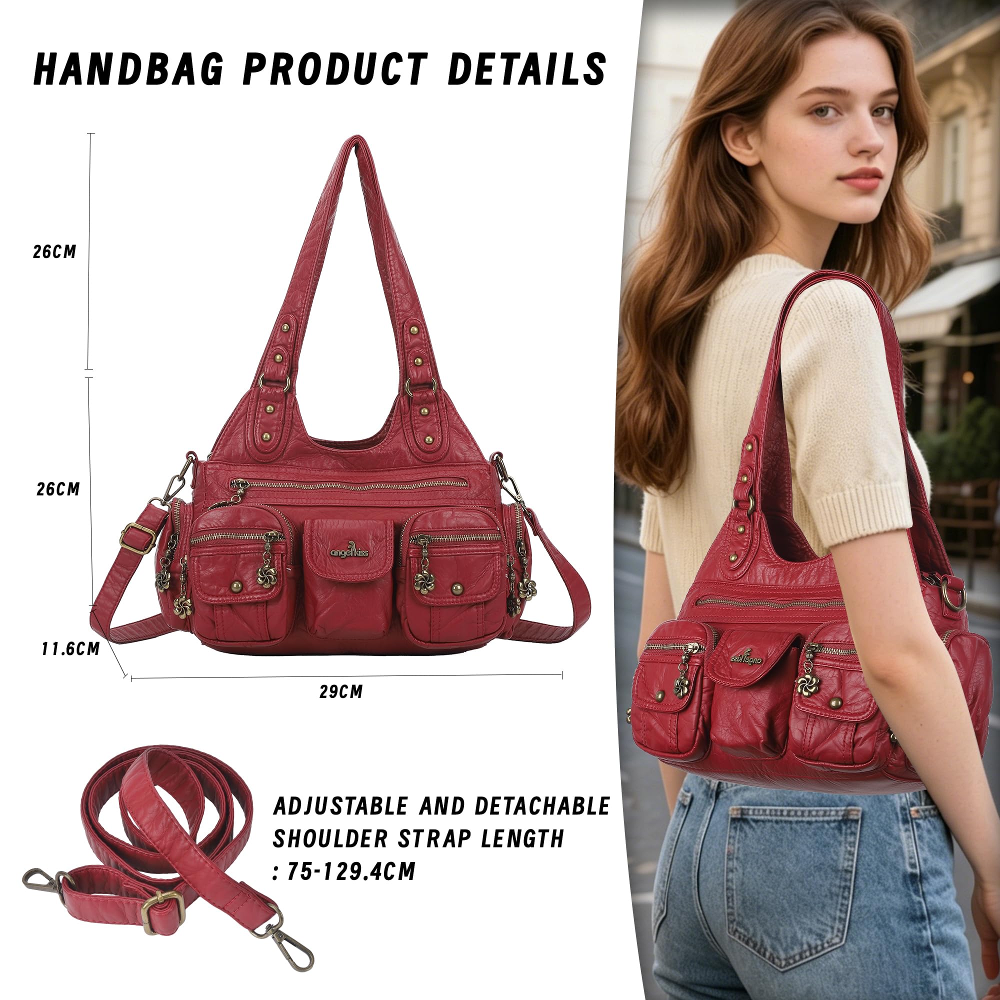Angel Kiss Bolsos de Mujer Cuero PU Bandolera Mujer Tote Bag Impermeable Bolso Hobo Elegante con Cremallera de Múltiples Bolsillos, para Viajes, Compras, Trabajo, Uso Diario
