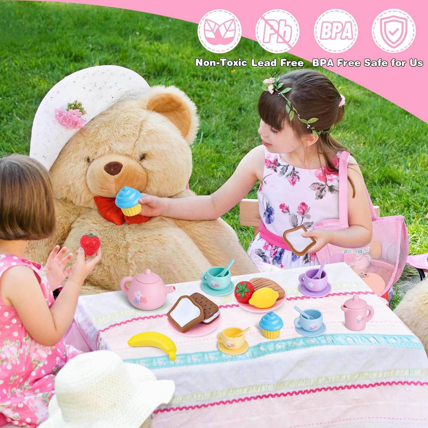 Silicone Tea Party Set for Little Girls,PRE-WORLD 27PCS Toys Toddler Tea Set with Play Food Dessert Cookies,Doughnut,Cake,Carrying Bag,Kids Kitchen Pretend Role Gifts for Girls Boys Age 3 4 5 6