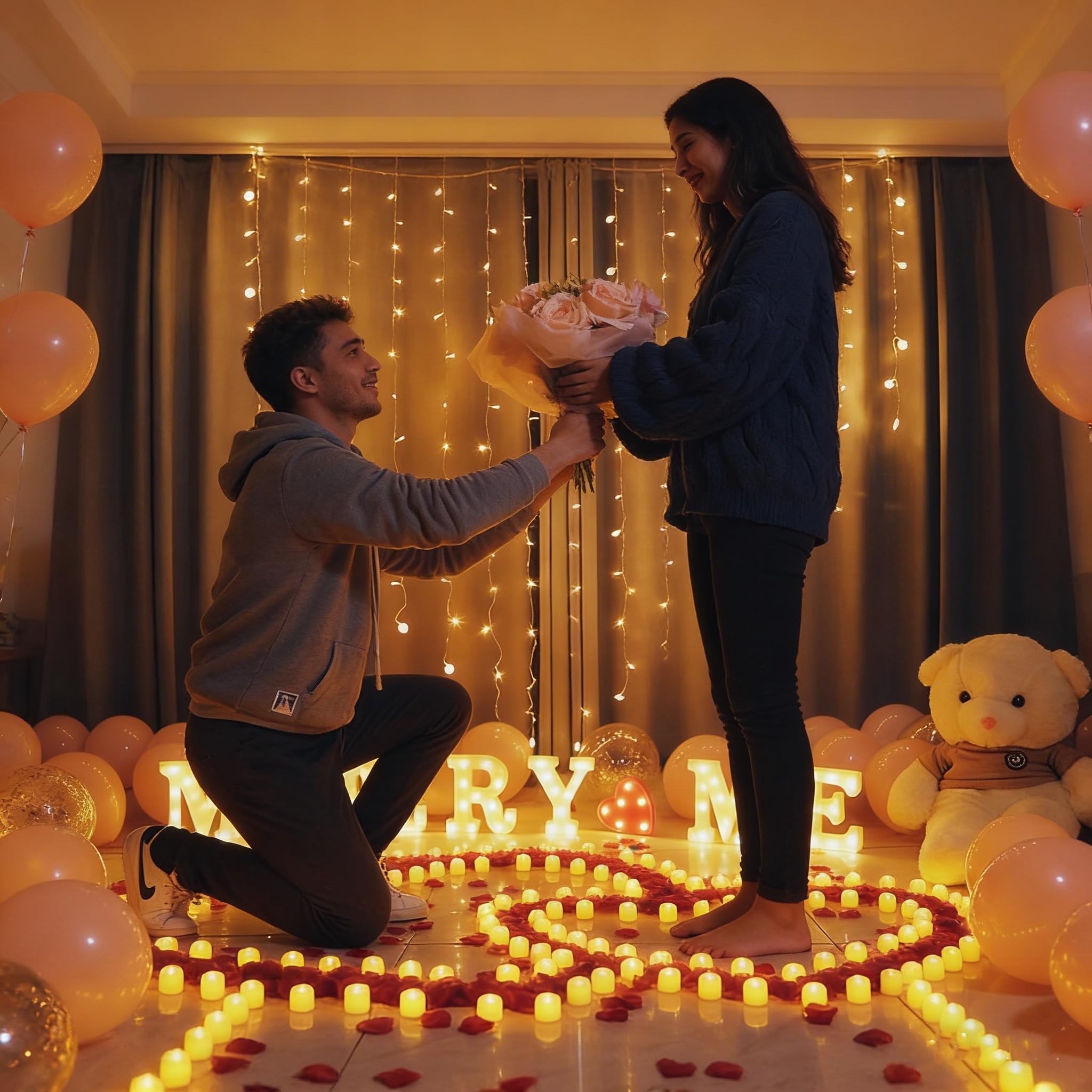 2031Pcs MARRY ME Leuchtbuchstaben als Dekoration für Heiratsanträge, Heiratsantrag Deko mit MARRY ME-Schild+24 Flammenlosen Herzkerzen+2000 Rosenblättern für Verlobung deko Romantische Nachtdekoration