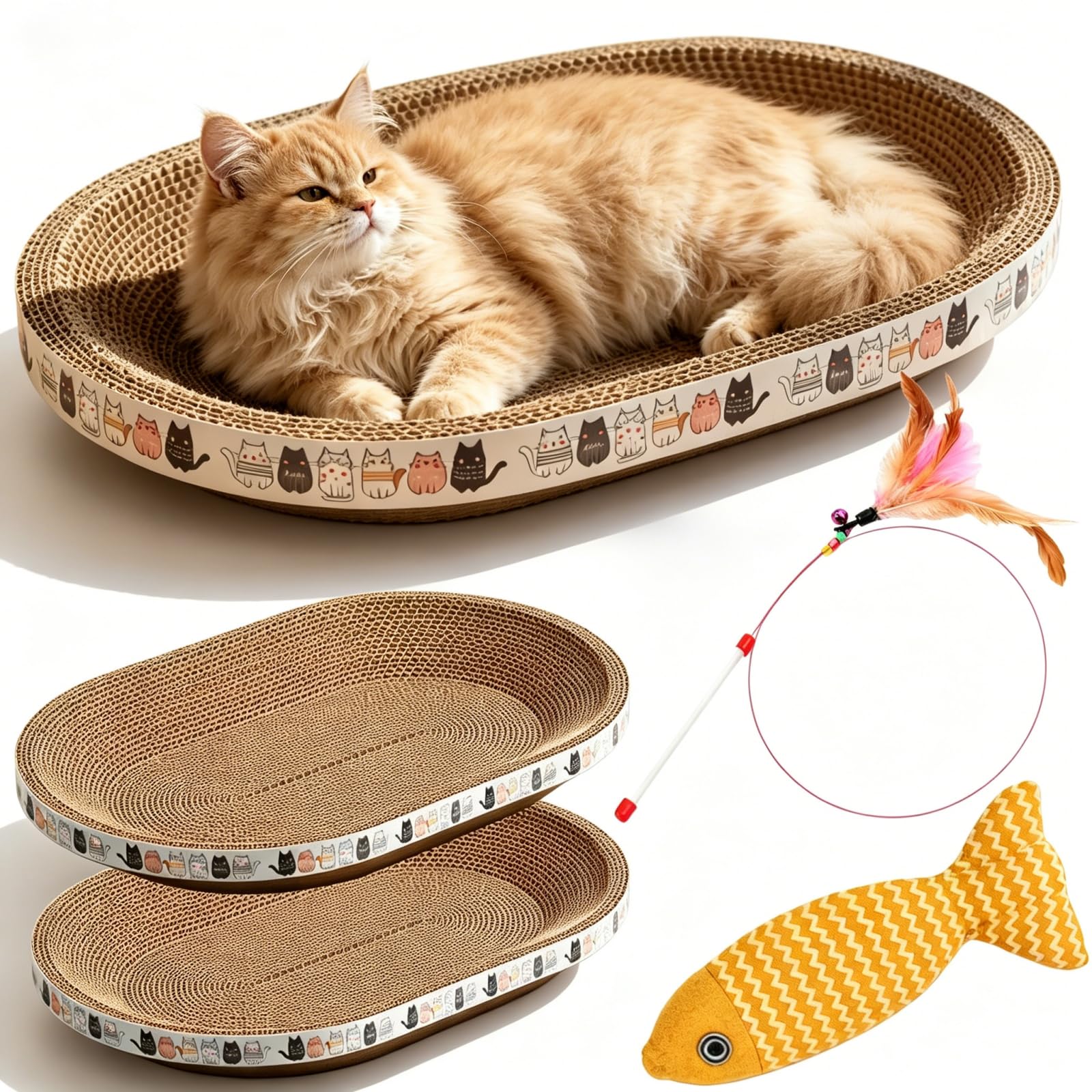 Spindro 2er-Pack Katzenkratzbrett aus Wellpappe, Großes ovales Katzenbett Kratzpad Liege Couch-Schutz Schüsselförmiger Kratzbaum-Ersatz Nest für Katzen Krallenpflege Möbelschutz