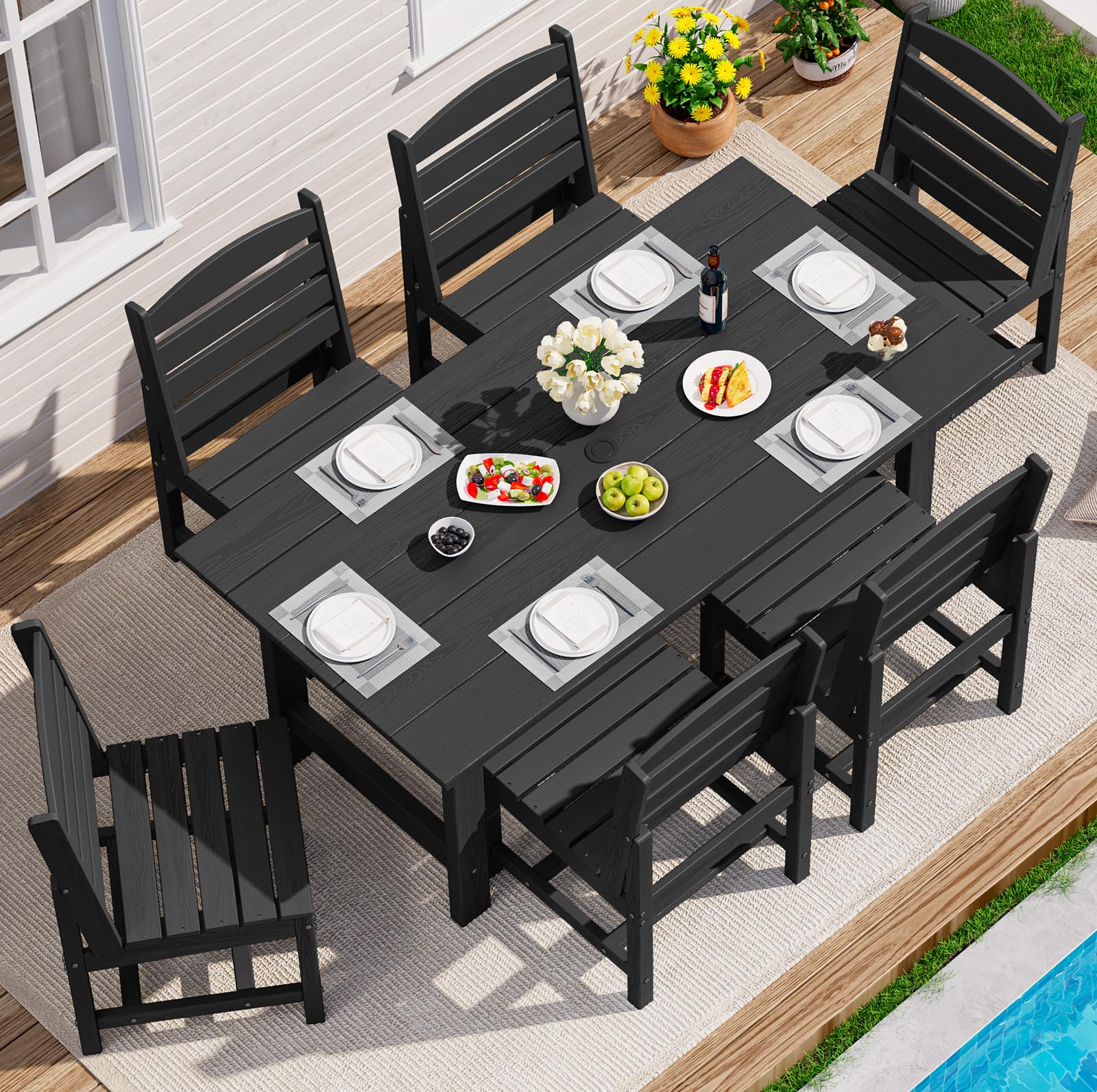 SERWALL 7-Pc HDPE Patio Dining Set, 1 Table &amp; 6 Armless Chairs, Black | HDPE Outdoor Dining Set with Rectangular Table &amp; 6 Armless Chairs, All-Weather Resistant SERWALL Dining Set for 6