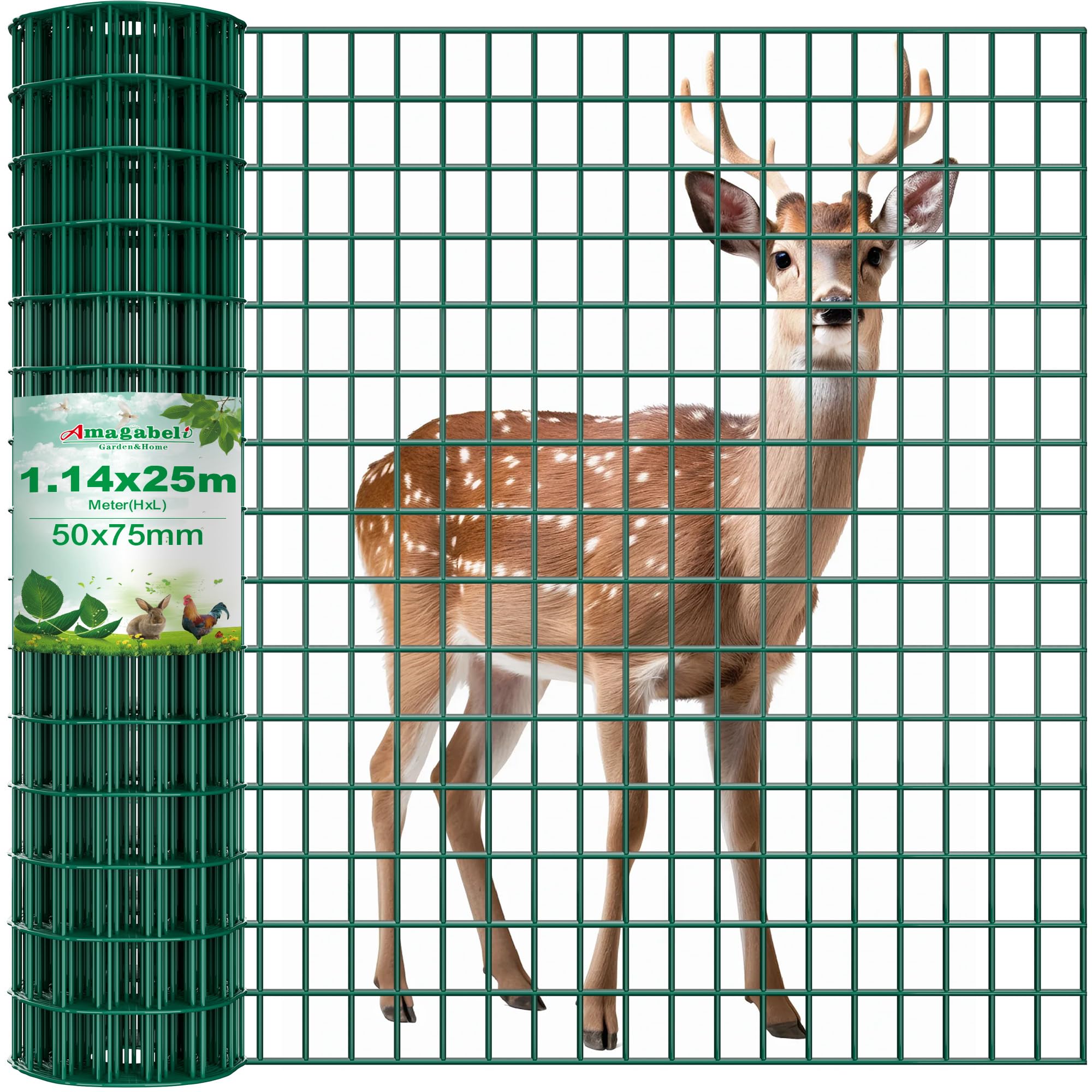 Amagabeli 1.14Mx25 M Malla Metalica Electrosoldada Galvanizada y PVC, Valla Metálica de Jardín, Malla 50x75 cm, Rollo de 2.0 mm para Protección y Cercado Residencial, Verde RAL6005 (Conejera, Perros)