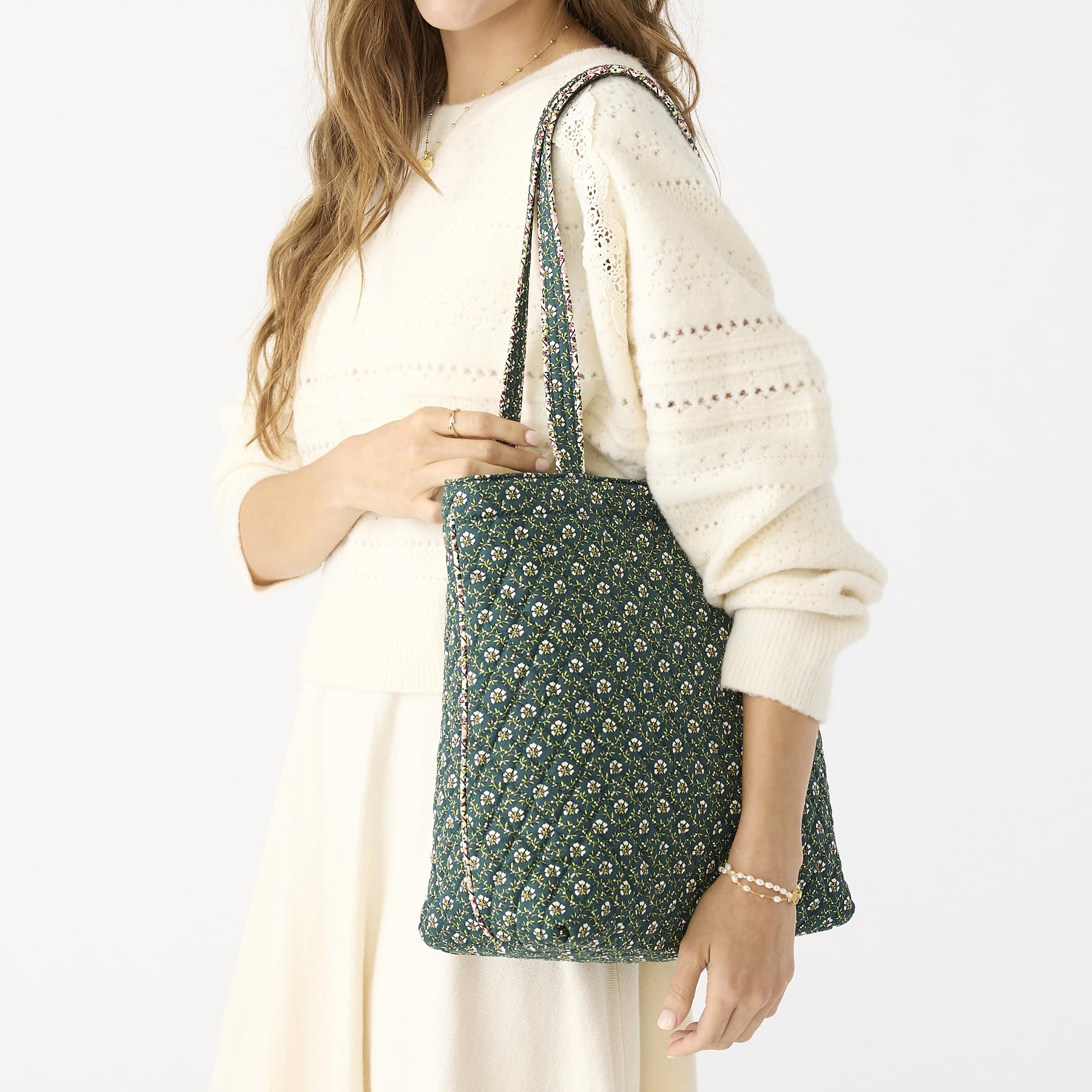 Vera Bradley Premium Cotton Small Original Zip Tote Bag, Daffodils: Mistletoe Lattice One Size