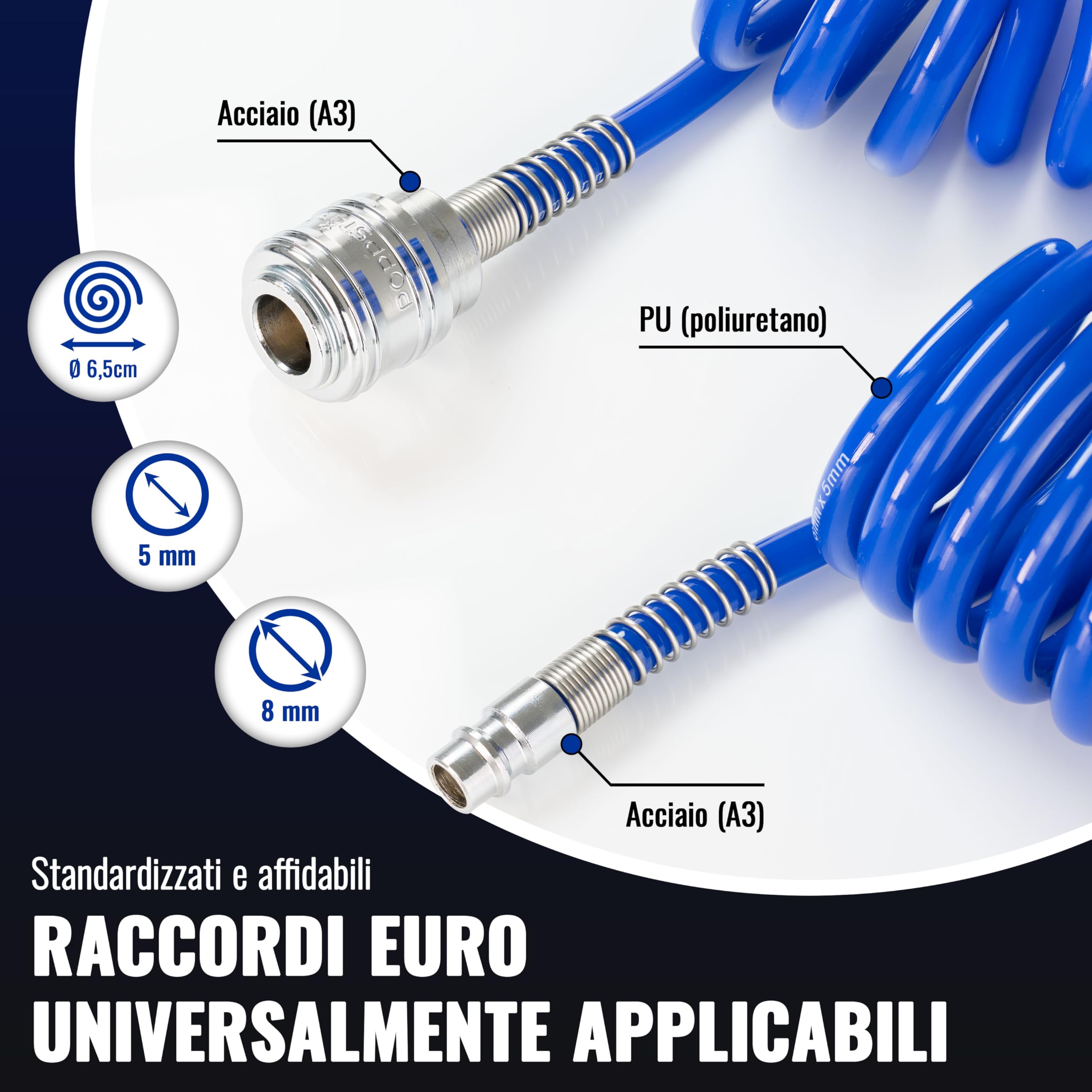 Poppstar Tubo flessibile per aria compressa a spirale 5m in PU (diametro 5 mm x 8 mm) Tubo a spirale per aria compressa con protezione anti-piegatura e raccordo rapido NW 7.2