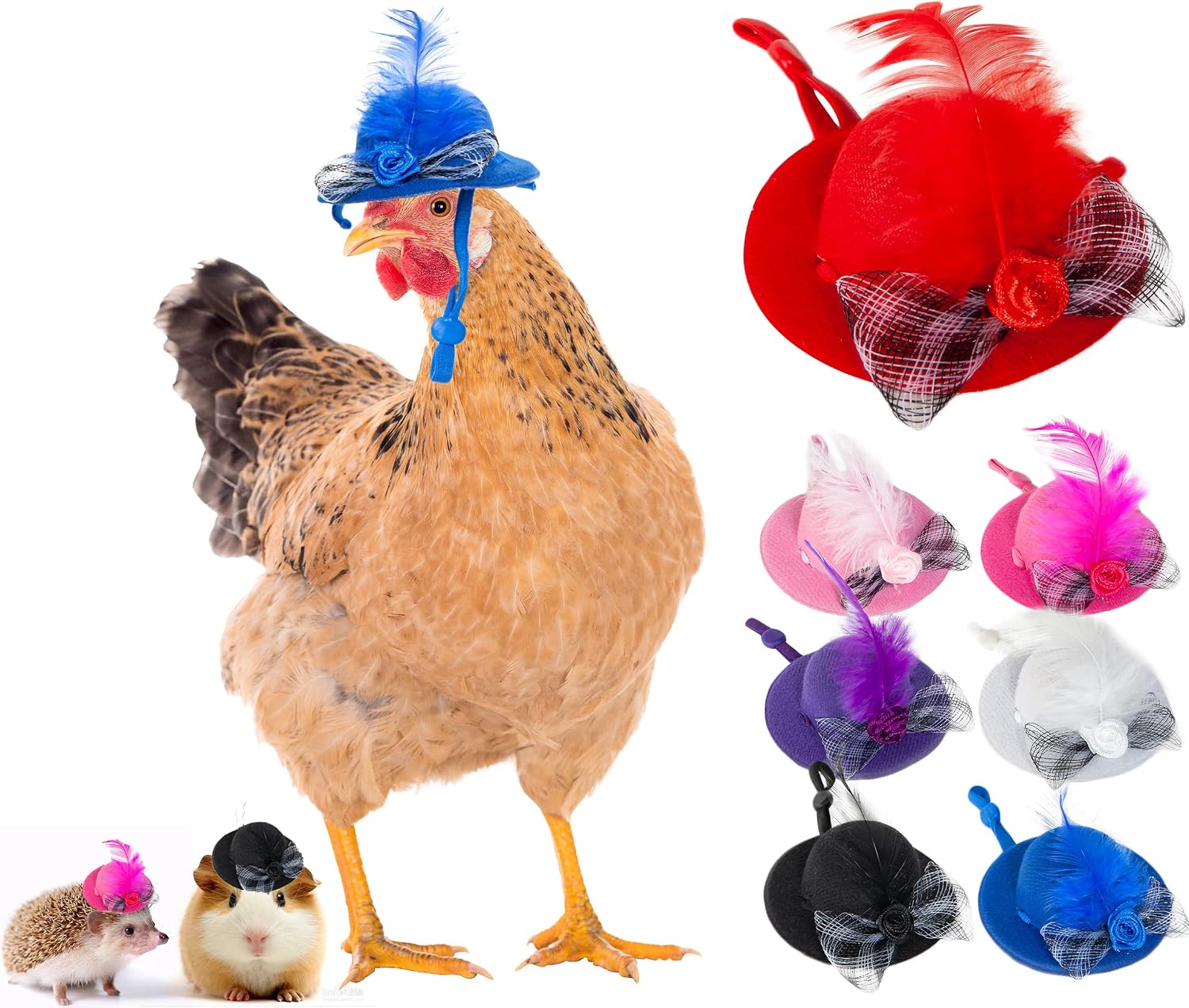 7 Pack Chicken Hats for Hens Pet Duck Chicken Accessories Feather Top Hat with Adjustable Elastic Chin Strap for Animal Costume (Feather…