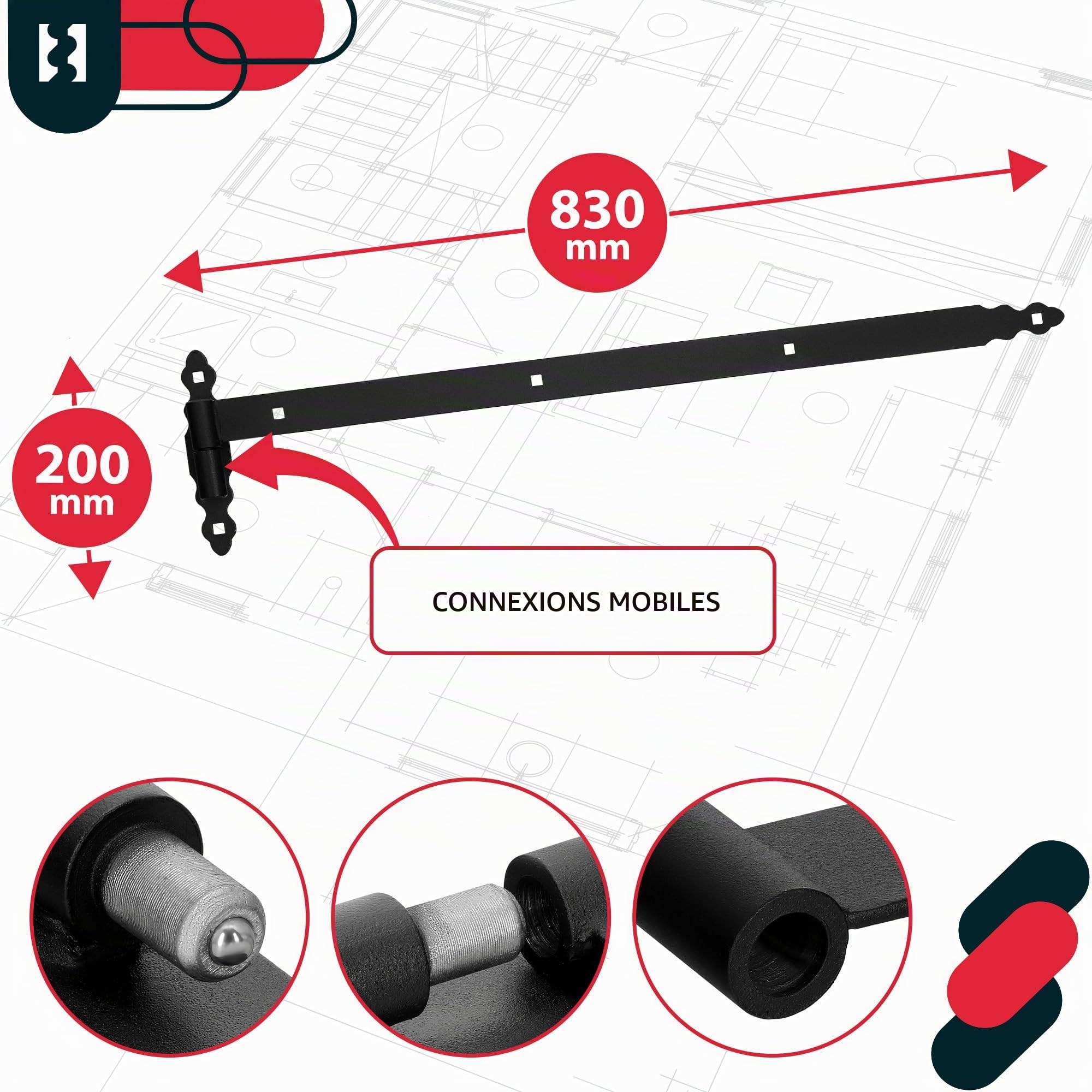 KOTARBAU charnièr de portail avec gonds 800 mm en acier revêtu par pulvérisation avec roulement à billes