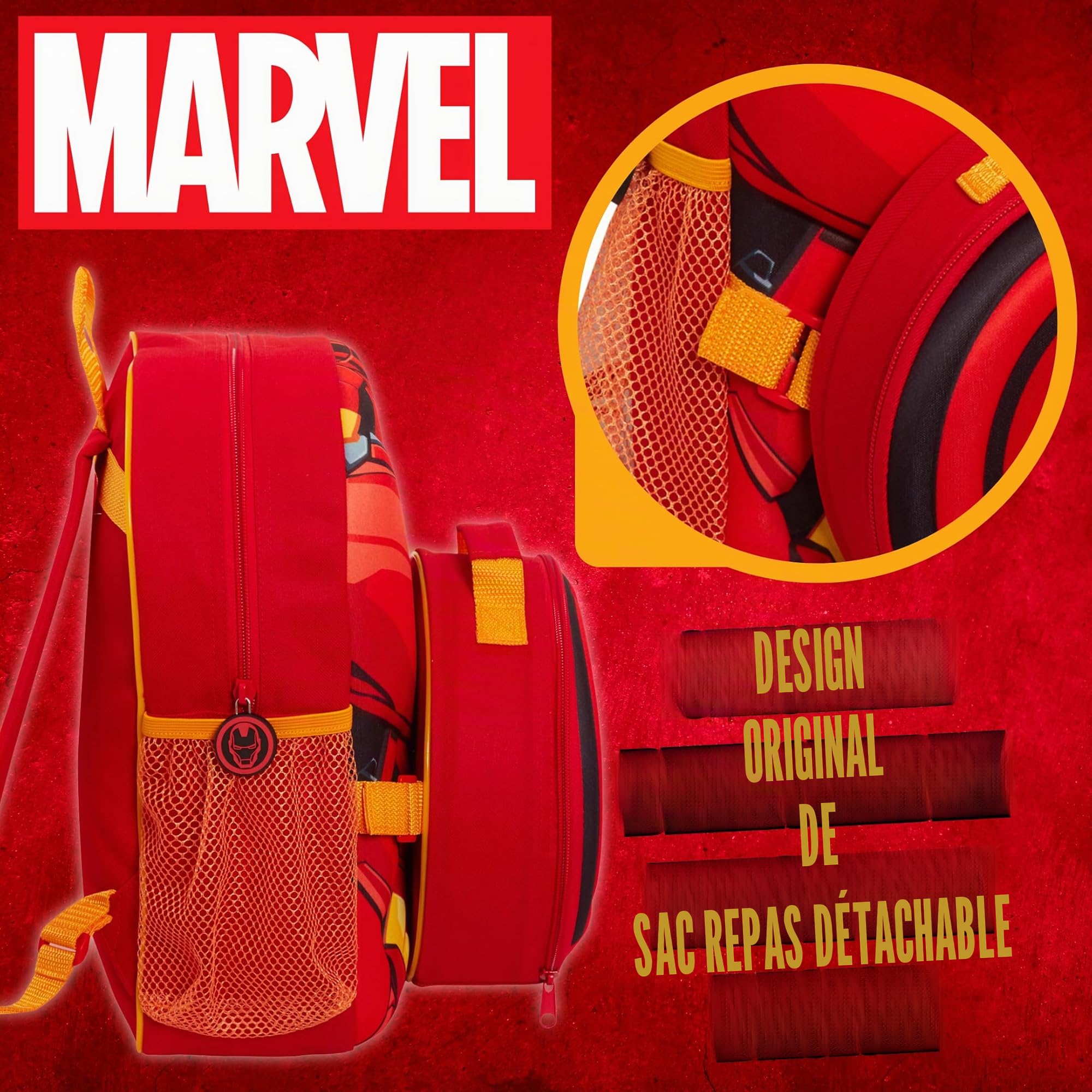Marvel Sac à dos Iron Man pour enfant avec sac à déjeuner amovible et porte-bouteille d'eau assorti 2 pièces