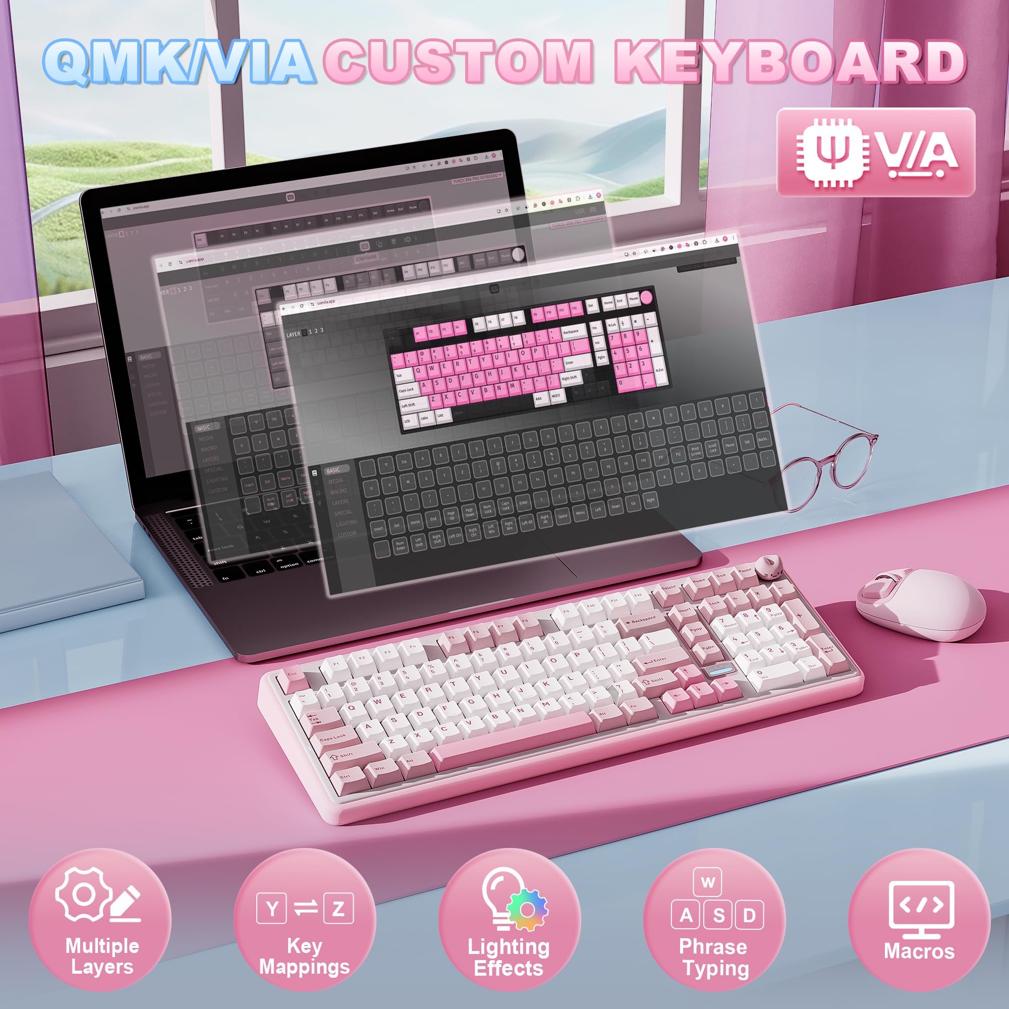 YUNZII B98 PRO QMK/VIA Gaming-Tastatur, 96% Kabellose Mechanische Tastatur mit Nummernblock Niedlichem Katzenknopf, BT/2,4 G/USB-C, Hot-Swap Tastatur Individuelle (Rosa, Milk V2 Linear Switch)