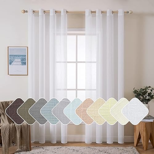 MIULEE 2 Panels Natural Linen Sheer Window Curtains Elegant Solid White Drapes Grommet Top Window Voile Panels Linen Textured Panels for Bedroom Living Room (52X90 Inch)
