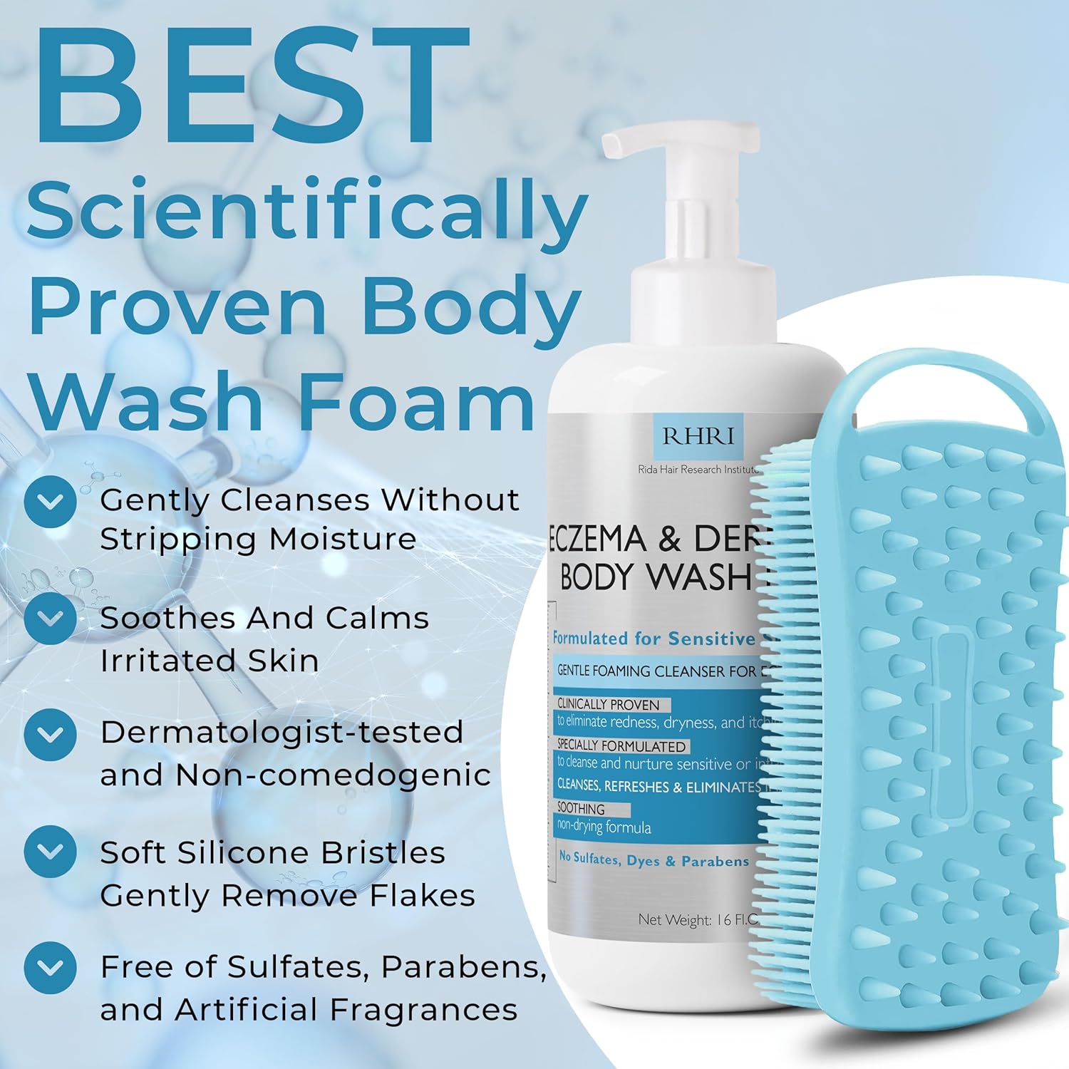 Eczema Body Wash Sensitive Skin | Eczema Treatment | Foaming Cleanser For Eczema Prone Skin | Soothes Dryness & Itching, Gentle On Dermatitis, Sulfate-Free With Free Scrubber Brush - Image 3