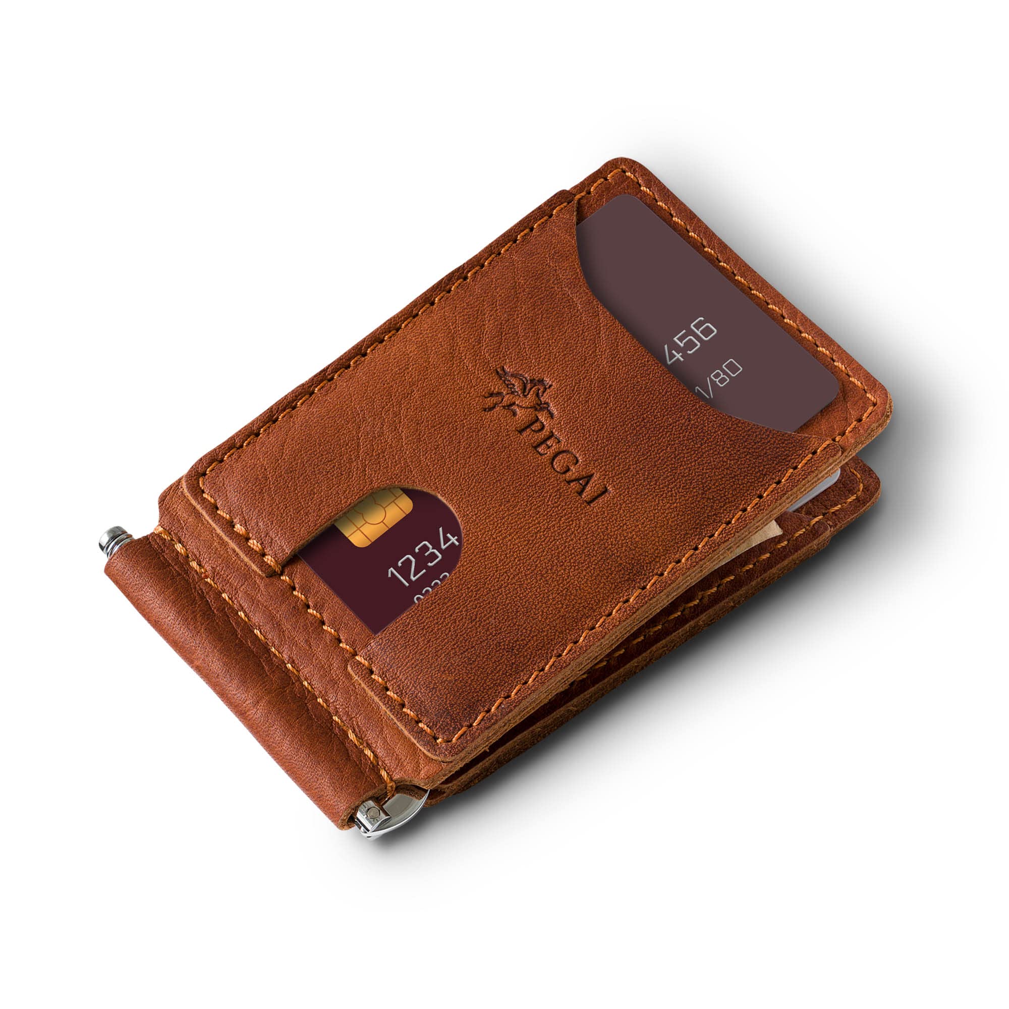 PEGAI Full Grain Leather Money Clip Wallet | Handmade Brown Minimalist Wallet for Men | Slim Business Card Holder | Mens Wallet with Money Clip | MAX