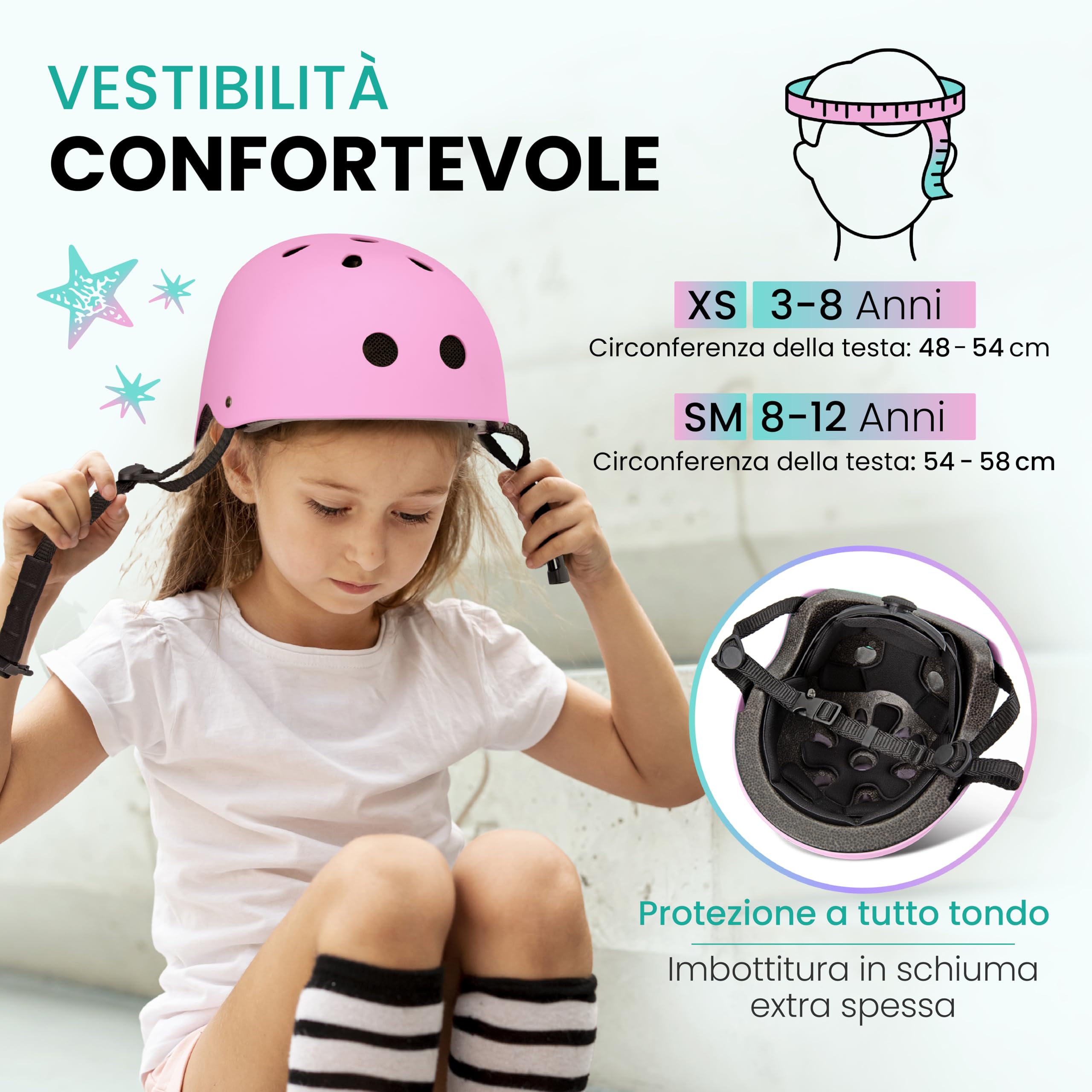99FLIPS Casco Bici Bambino 3-12 Anni - Casco Bici Bambina 3 Colori - Caschetto Bambino - Monopattino Skateboard Pattini a Rotelle