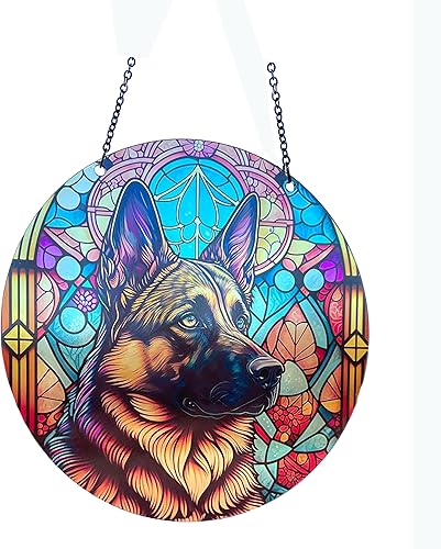 d'ears - Pastor alemán - Atrapasoles acrílico con cadena - 6 pulgadas de diámetro - Colorido -Arte de ventana - Hecho en los Estados Unidos
