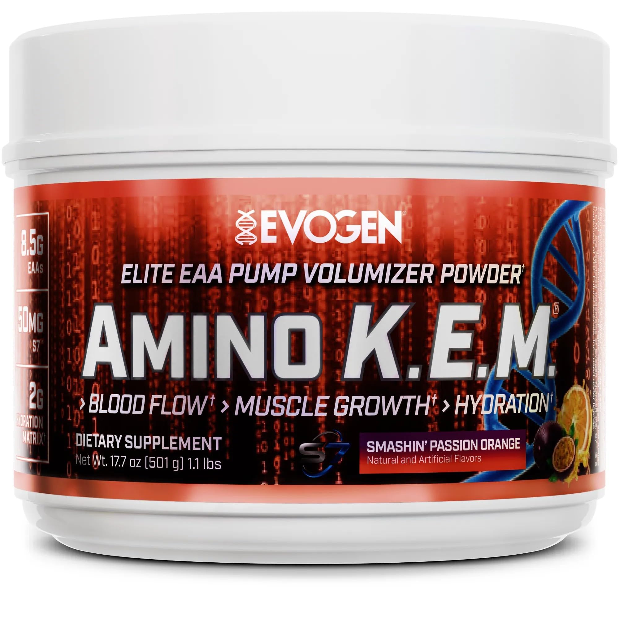 EvogenAmino KEM - Elite EAA Pump Volumizer | Supports Blood Flow, Muscle Growth, Hydration | Full Spectrum EAAs & BCAAs, S7 Nitric Oxide Blend | Smashin' Passion Orange | 30 Servings