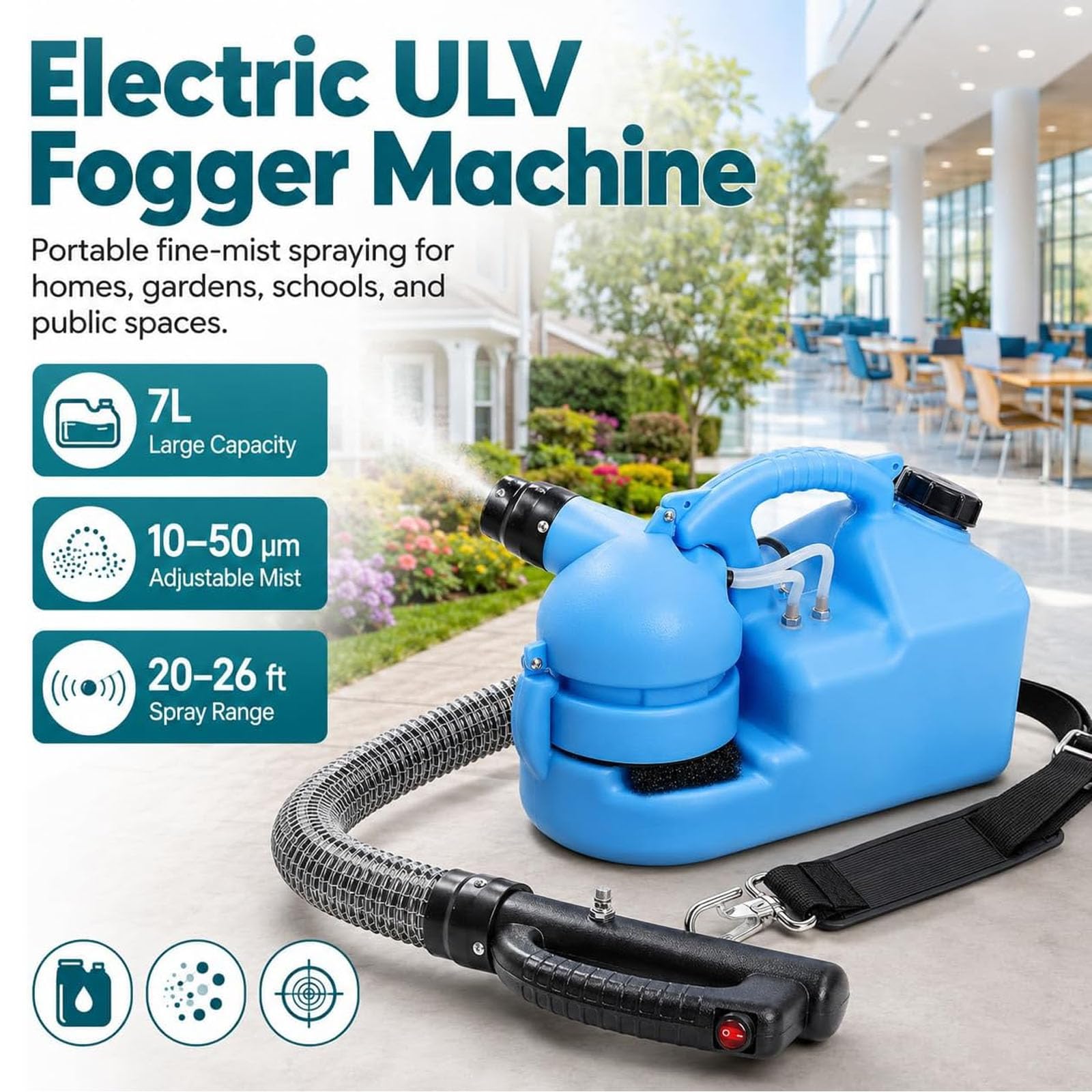 Elektryczna maszyna ULV Fogger, 7L / 1,85 przenośna maszyna do rozpylania fogger Atomizer elektryczny Ultra, regulowany przepływ, dla Restauracja Szkoła hotelowa Wewnątrz i na zewnątrz Publiczny