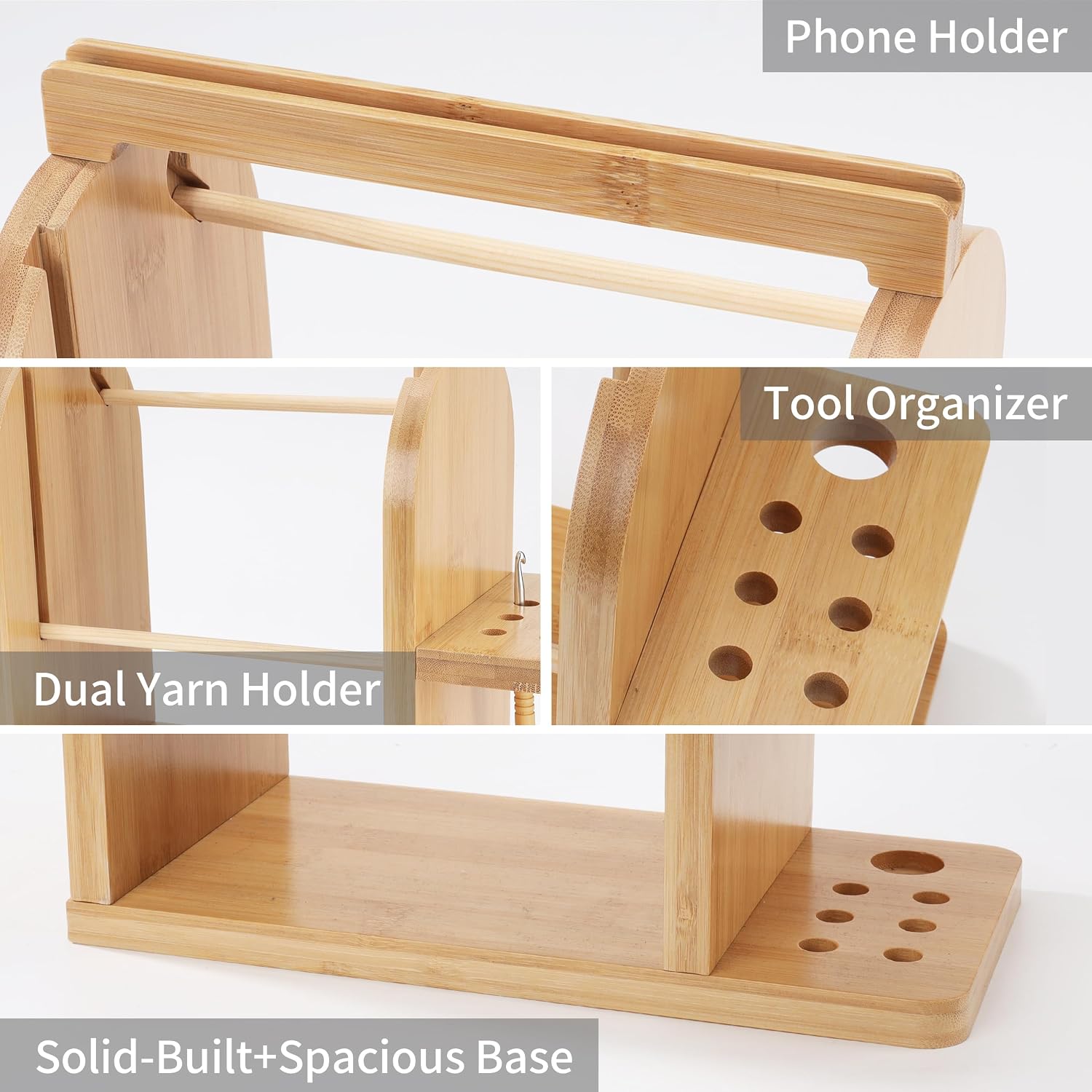 Yarn Holder for Crocheting with Phone Holder,Bamboo Wood Yarn Storage Rack Wood Knitting Accessories, Tangle-Free Dual Rods and Tool Holder Gift for Knitting Lovers (2 Crochet Hooks Included)