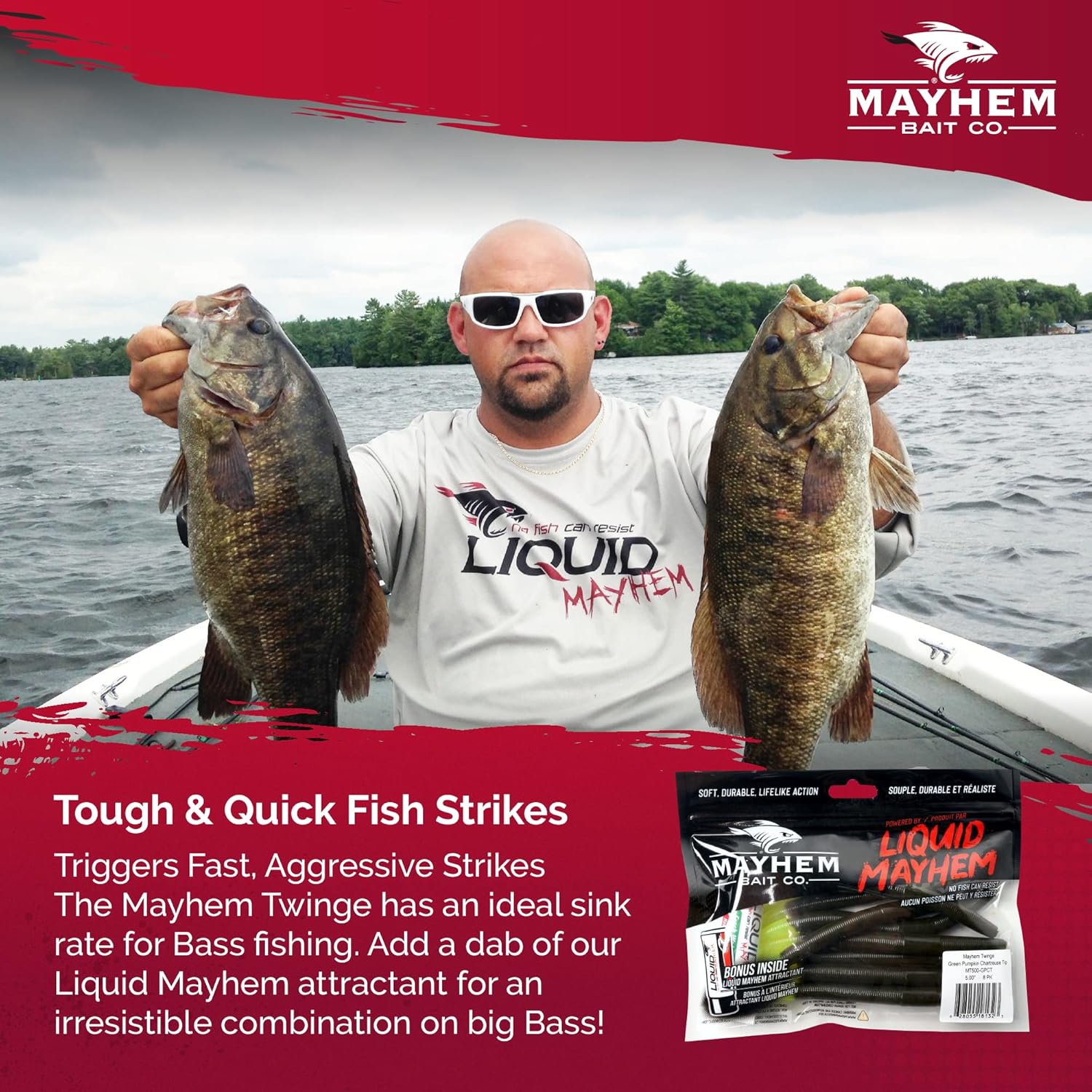 Liquid Mayhem Twinge, 5" Soft Plastic Bass Lures – Easy to Rig with Lifelike Action – Includes Bonus 10ml Attractant Gel – 8 Baits Each Pack