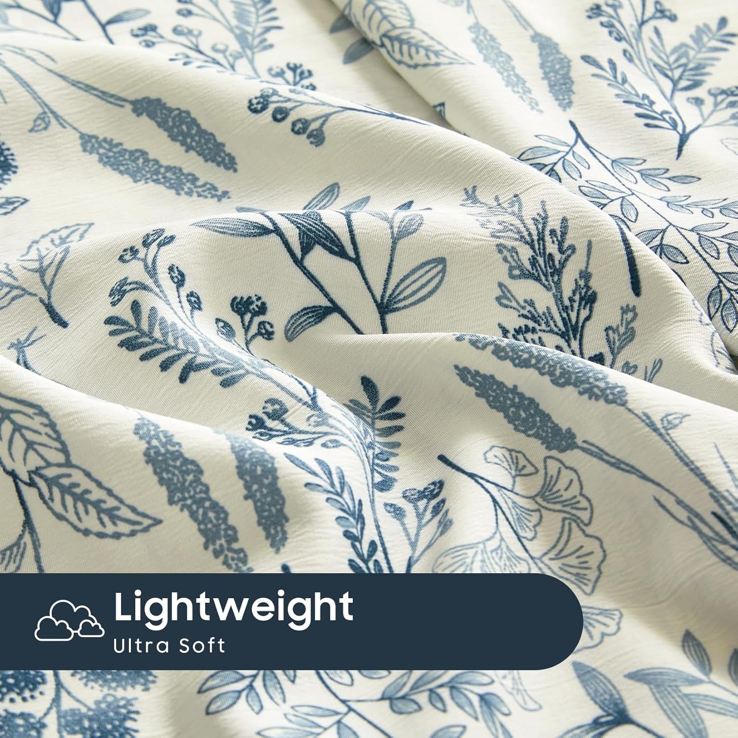 Wake In Cloud - Botanical Bed Sheets, 4-Piece Sheet Set, Floral Shabby Chic Leaves Pattern Printed Coquette Vintage Aesthetic Bedding, Deep Pocket, Ivory Blue, Queen Size
