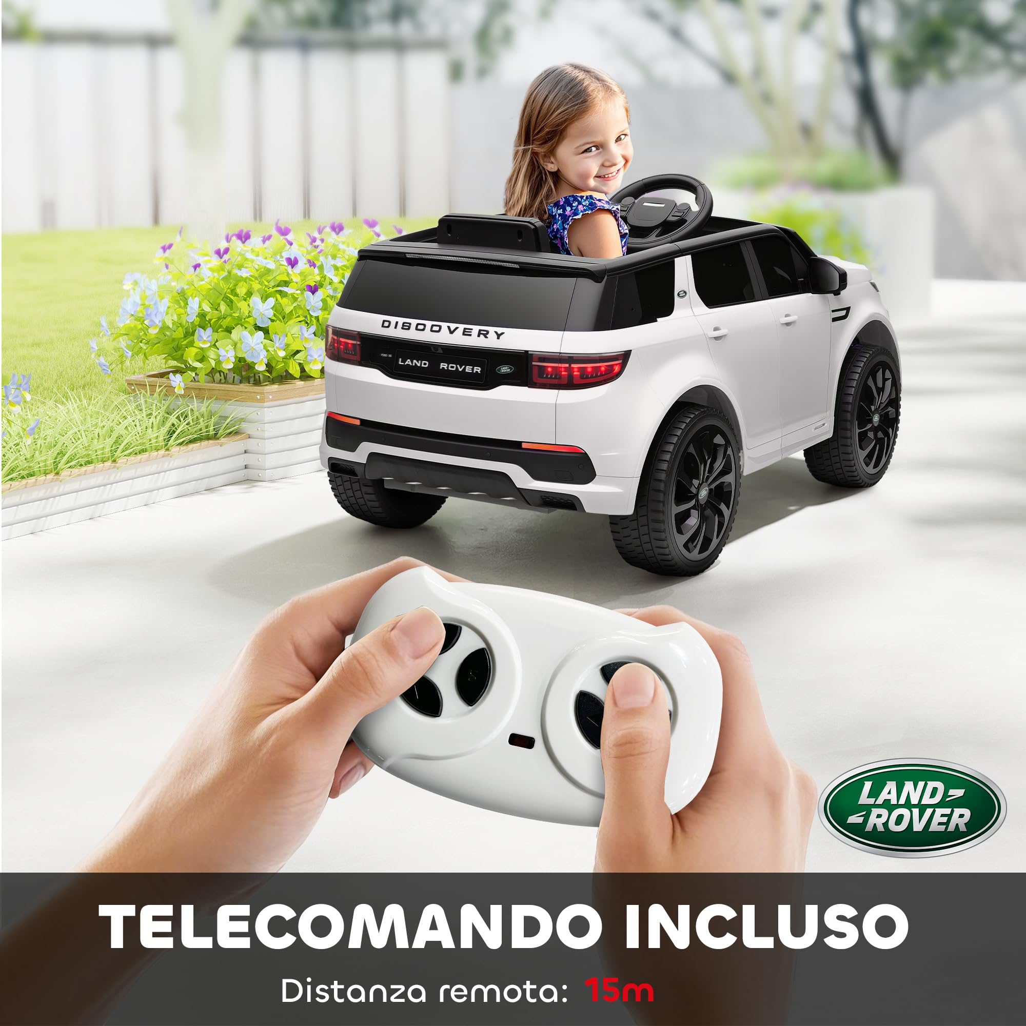 AIYAPLAY Macchina Elettrica per Bambini 3-6 Anni 12V Licenza Land Rover Discovery, 3-5km/h Auto Elettrica per Bambini con 2 Motori, Telecomando, Cintura, Musica, Clacson e Fari, Bianco