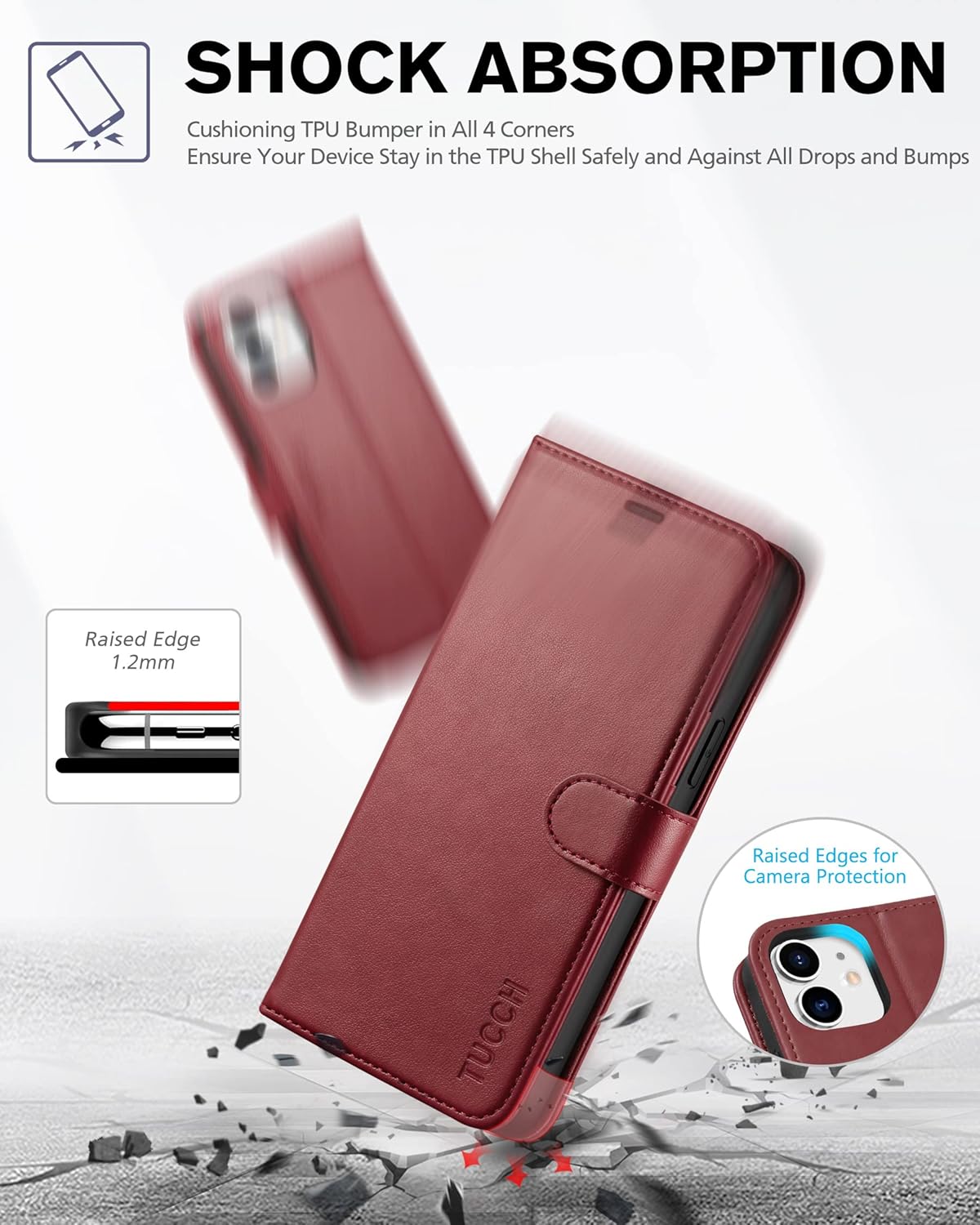 TUCCH Wallet Case for iPhone 12 Pro, RFID Blocking Card Slot TPU Interior Protective Case, Magnetic Folio Shockproof PU Leather Stand Flip Cover Compatible with iPhone 12/12 Pro 5G, Dark Red