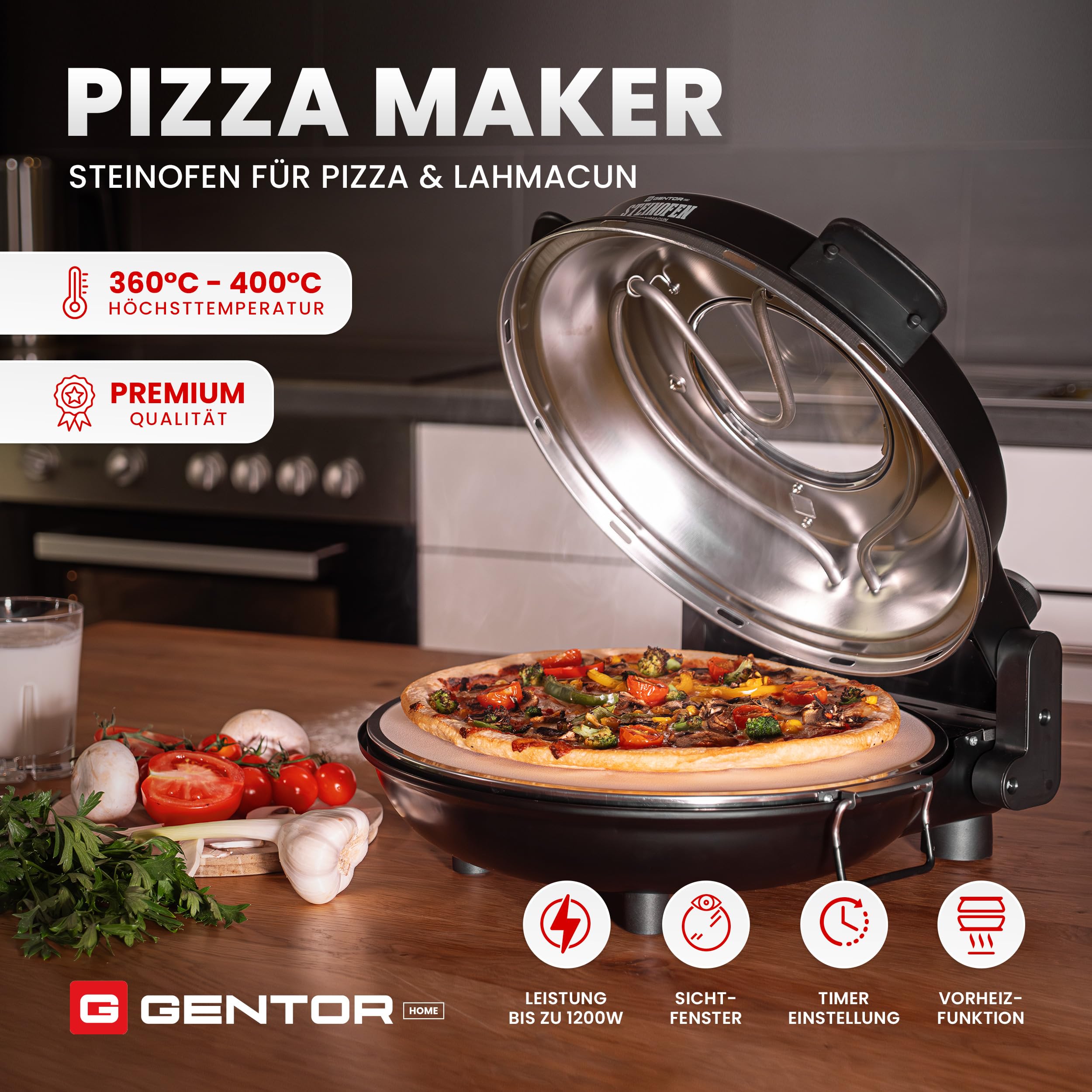 Pizzaofen elektrisch mit Pizzastein – Pizzamaker 1200W bis 400 Grad – Elektrischer Ofen für Zuhause & Outdoor – Timer & Sichtfenster – Mini Backofen für Pizza wie vom Steinofen