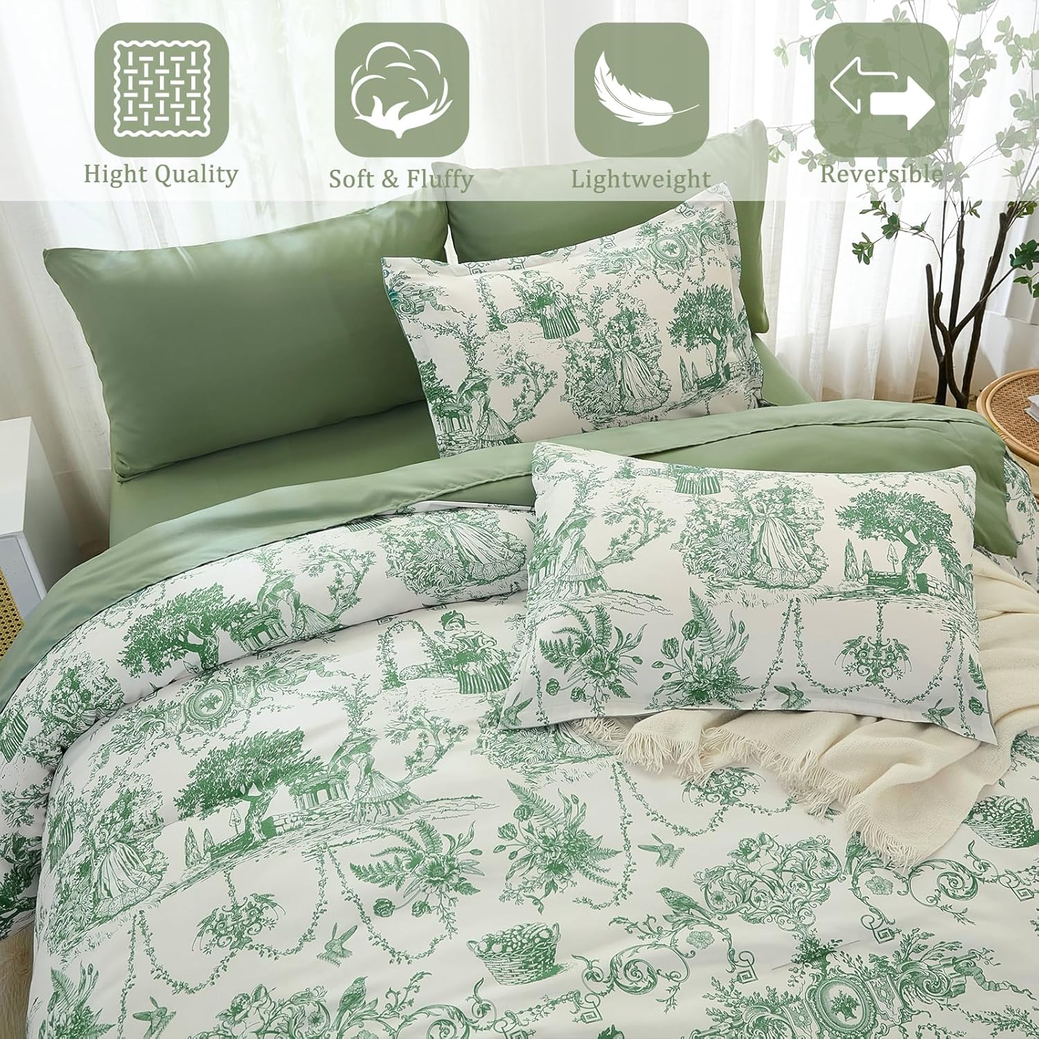 Xruibed Green Queen Comforter Set 7 Piece Bed in a Bag Toile de Jouy Botanical Comforter Soft Micorfiber Floral Bedding Set (1 Comforter,2 Pillow Shams,1 Flat Sheet,1 Fitted Sheet,2 Pillowcases)