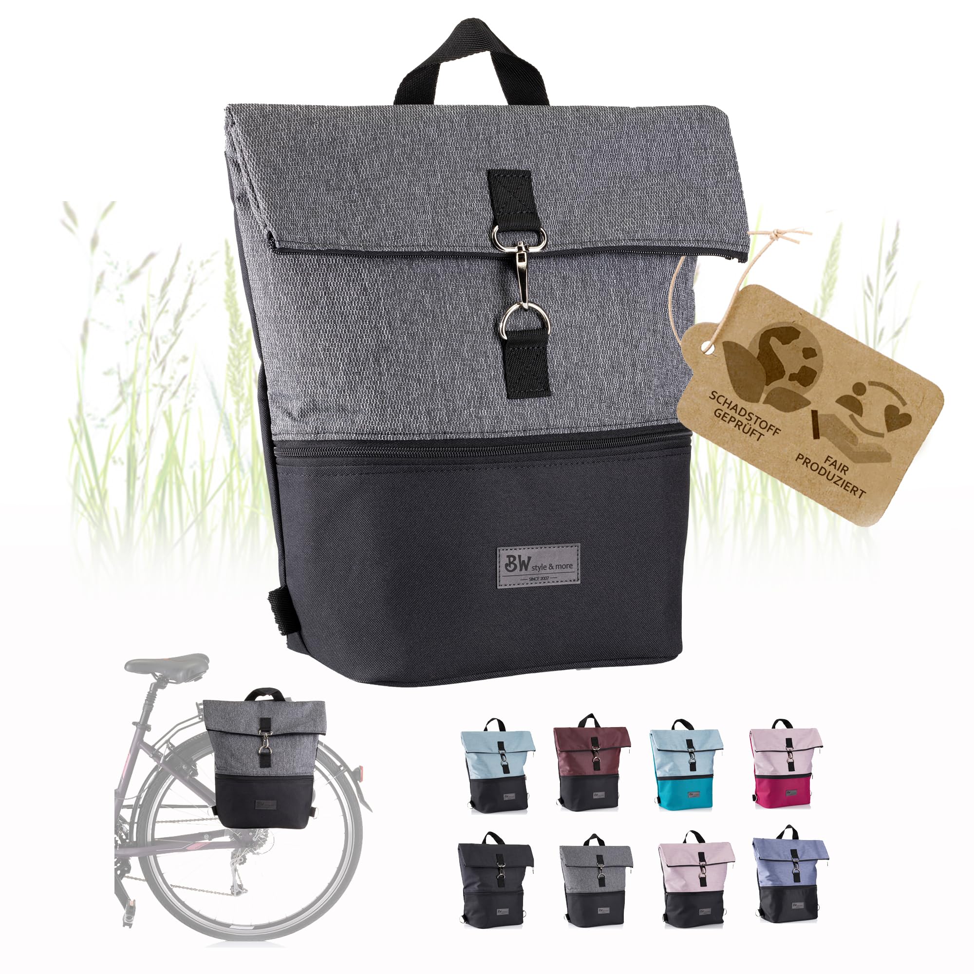 BambiniWelt Fahrradtasche mit Rucksackfunktion – Gepäckträgertasche 20 l, wasserabweisend & leicht zu befestigen, für Arbeit, Freizeit & Sport, für Fahrrad & E-Bike, Farbe: schwarz-dunkelgrau