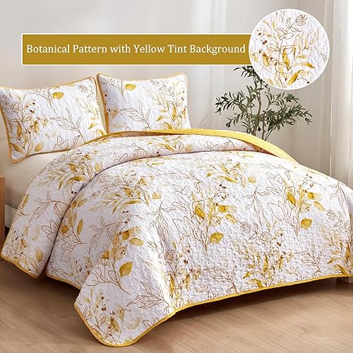 Miniatura 2 de Anibedding Juego de edredón amarillo Queen, 3 piezas reversible, elegante patrón de hojas botánicas amarillas, colcha de microfibra suave para toda