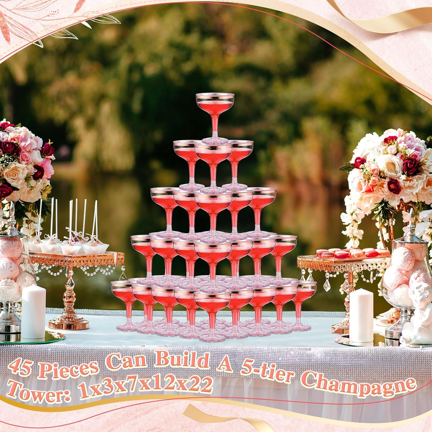 Zopeal 50 Pcs Plastic Champagne Tower Glasses 5 oz Plastic Coupe Disposable Cocktail Cup for Wedding Party Birthday Anniversary Stackable Reusable Martini Glasses (Rose Gold Rim,Sliver Glitter)