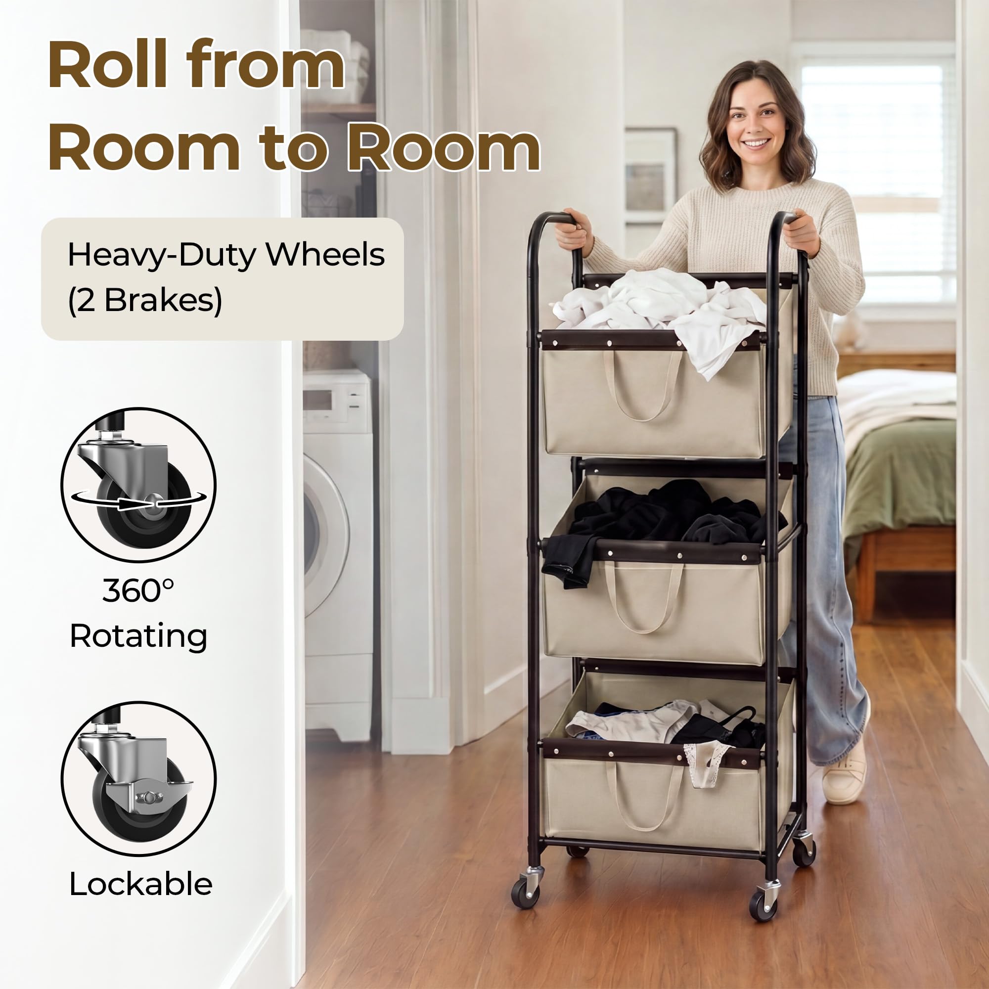 GRANNY SAYS Cesto Ropa Sucia de 3 Lazos, Cesta de Lavandería con Ruedas, Organización y Almacenamiento de Lavandería, Caqui Cesta Ropa Sucia con Ruedas de 3 secciones para Dormitorio, Laundry Basket | Cesta de lavandería resistente de 3 secciones con rued