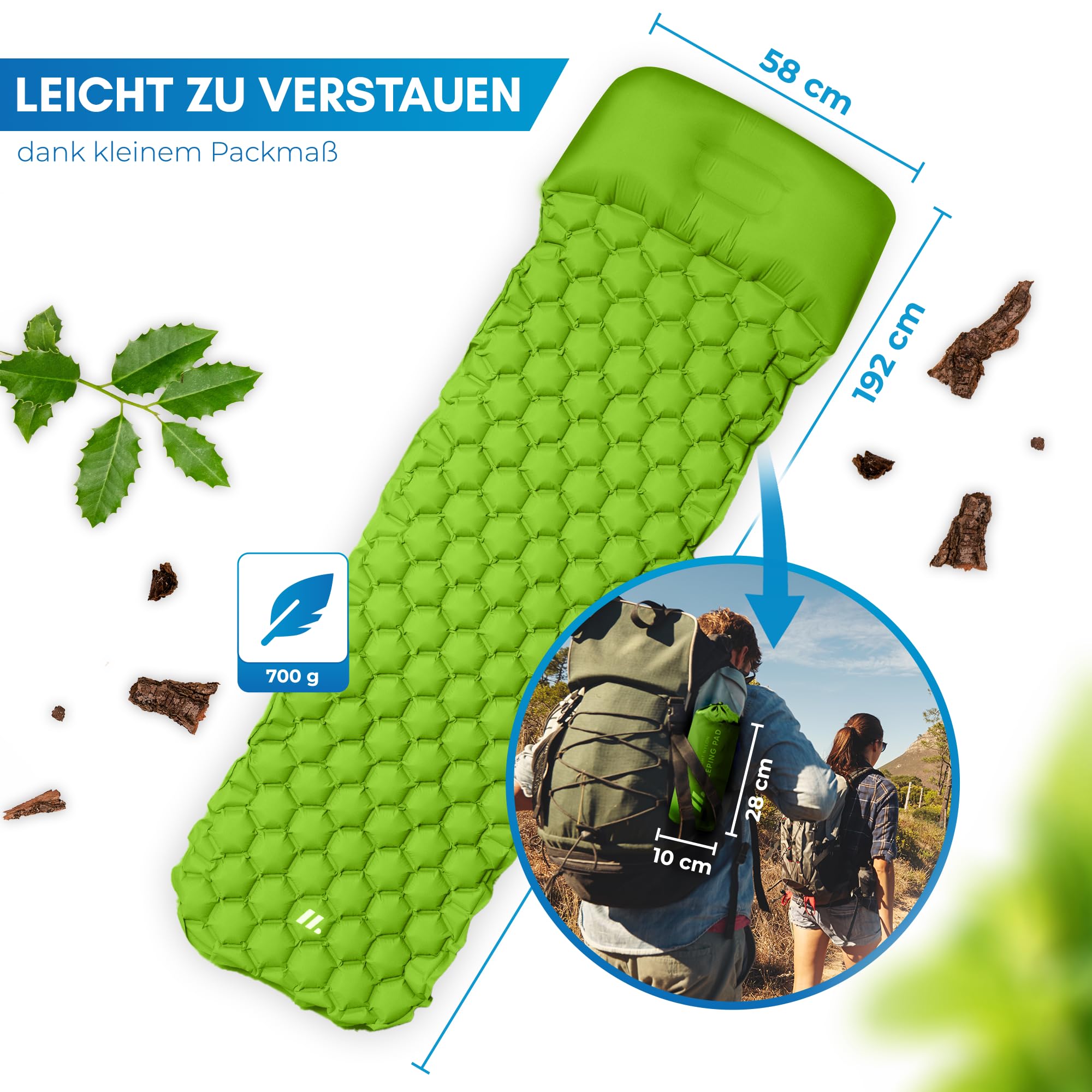 NORDMUT® Isomatte Outdoor [mit Reparaturset] Isomatte Camping | Isomatte Ultraleicht für Wandern, Outdoor, Camping - kleines Packmaß