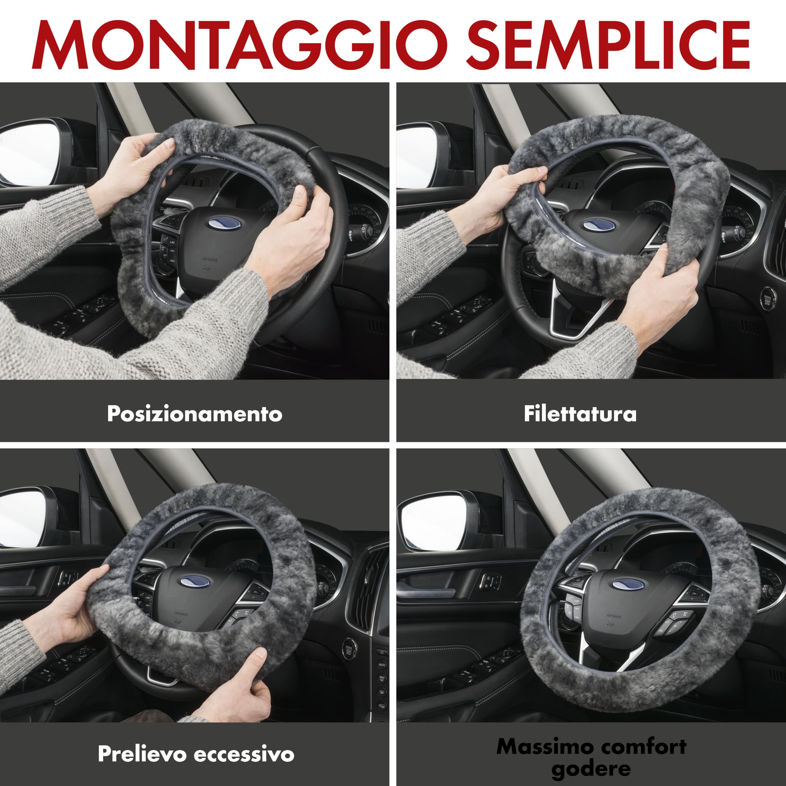 WALSER coprivolante in pelle d'agnello, coprivolante in pelle d'agnello 100%, rivestimento volante per auto, scalda volante grigio