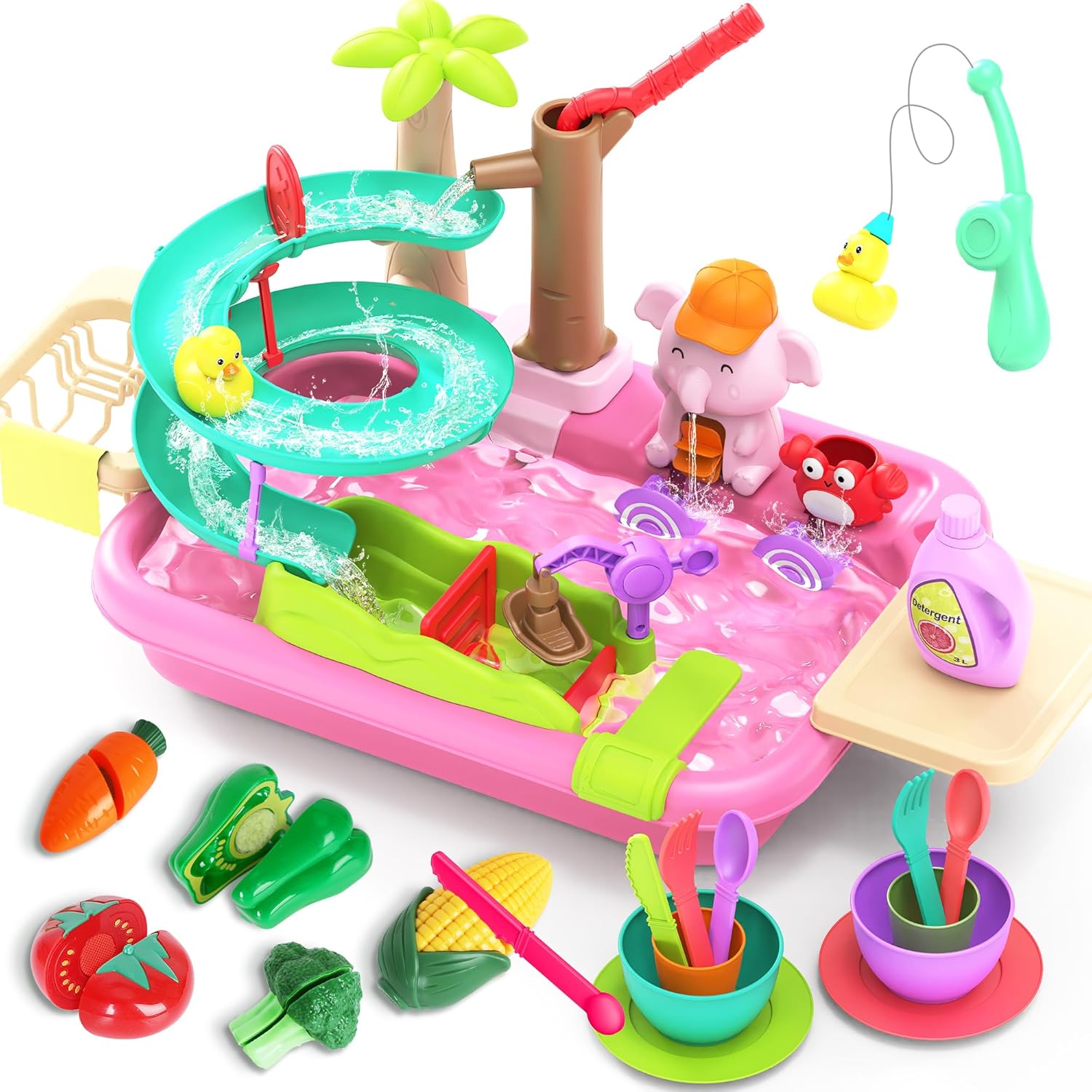 Play Sink Toy with Running Water, 4 in 1 Kitchen Sink Toy with Cutting Food Toys Set,Toddlers Montessori Educational Pretend Play Kitchen Toy with Magnetic Floating Pool Fishing Toy for Girls Ages 3+