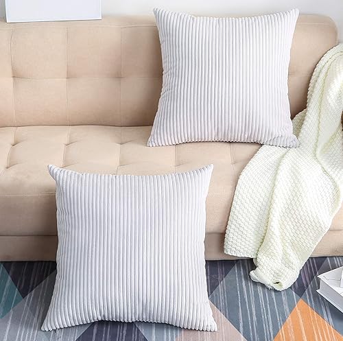 TangDepot, Juego de 2 fundas de almohada decorativas de pana a rayas de terciopelo sólido a rayas (16 x 16 pulgadas, 2 piezas, A23 gris claro)