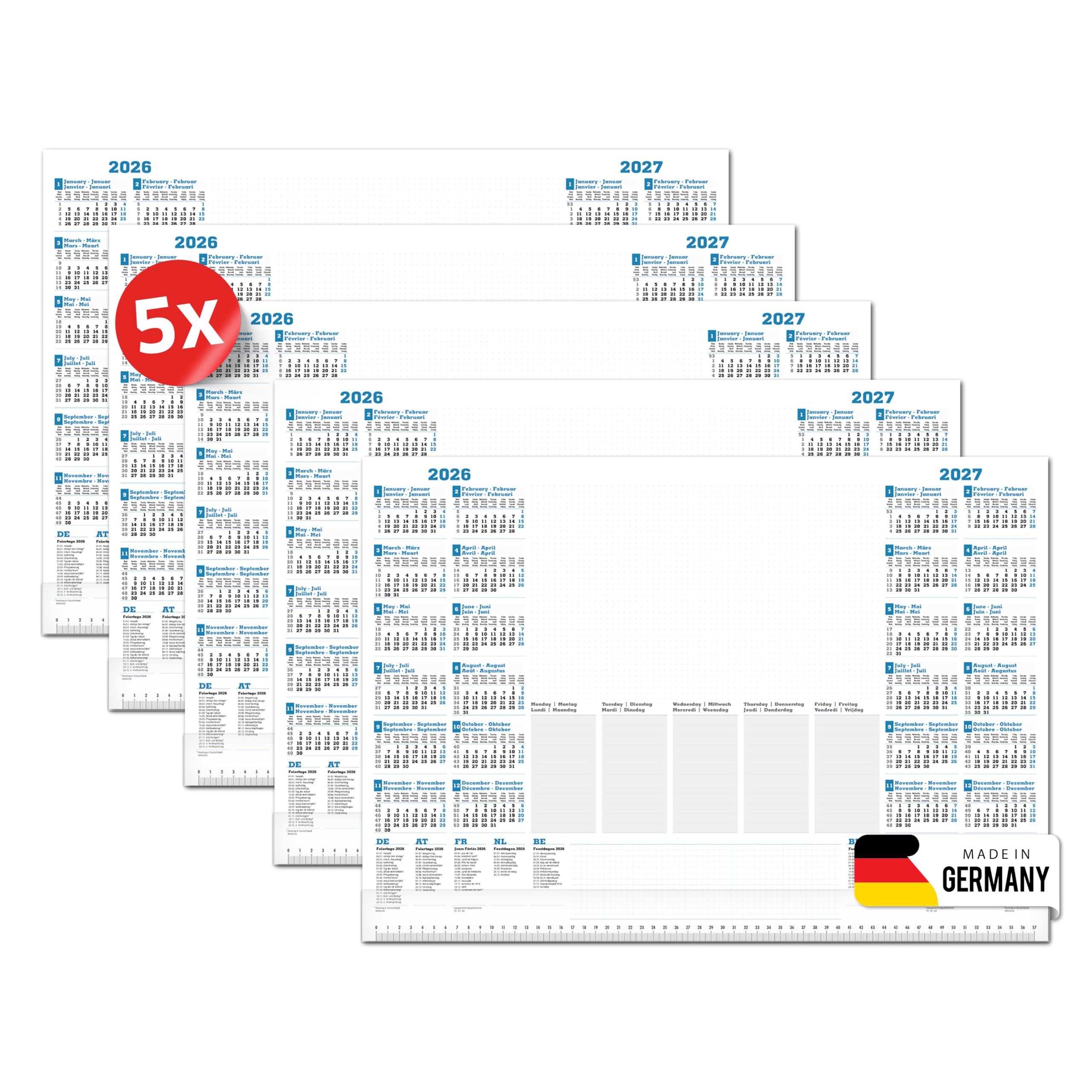 PRIMUS Print Podkładka na biurko, DIN A2-2026 i kalendarz roczny 2027, gruby papier naturalny, 80 g, stabilny grzbiet z kartonu, 25 arkuszy, z listwą ochronną, do biura i biura domowego [5 sztuk]