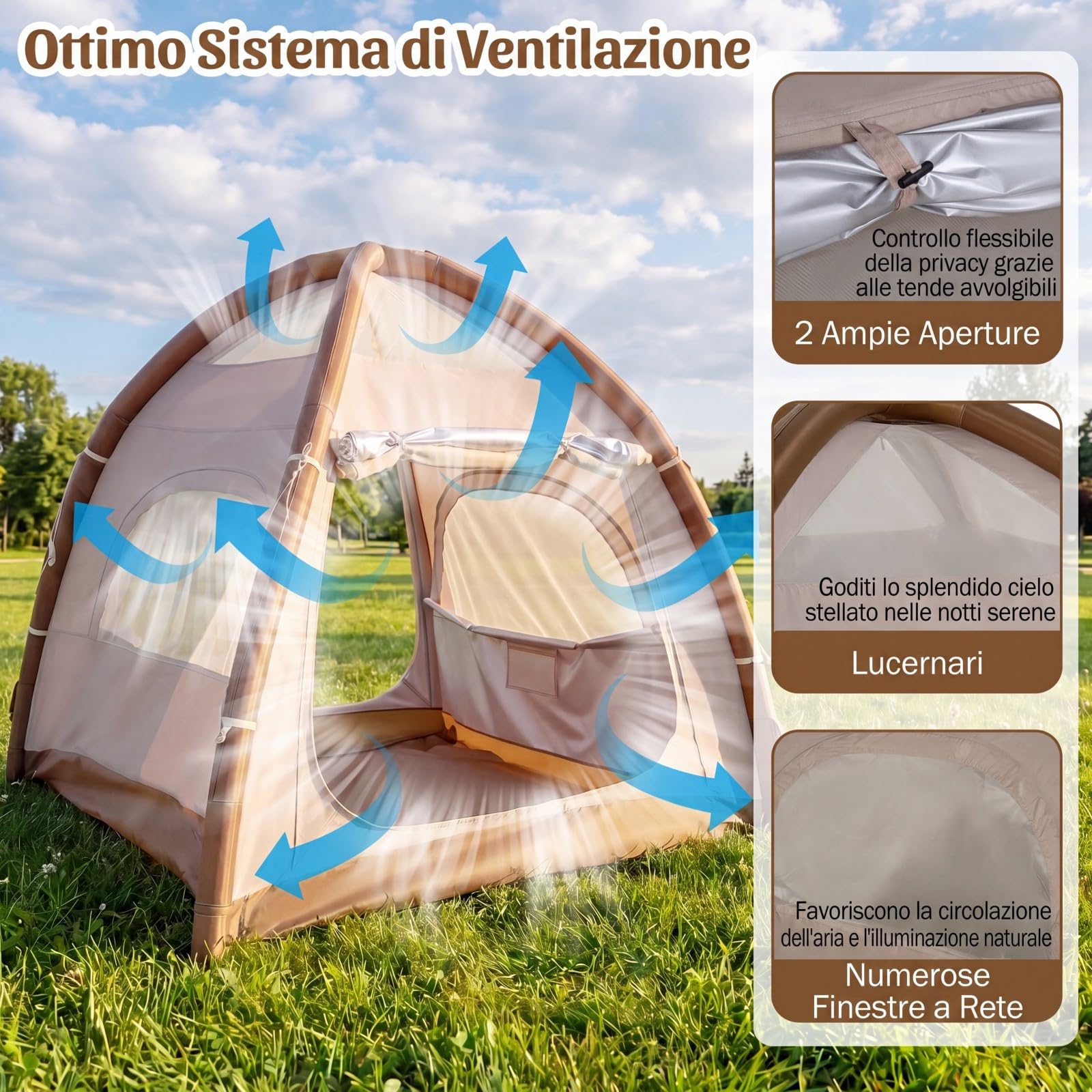 COSTWAY Tenda da Campeggio Gonfiabile per 4 Persone, Tenda da Spiaggia con Poma, 2 Porte, Lucernario e Finestre, in Tessuto Impermeabile, con Copertura Rimovibile e Borsa, 208 x 208 x 196 cm