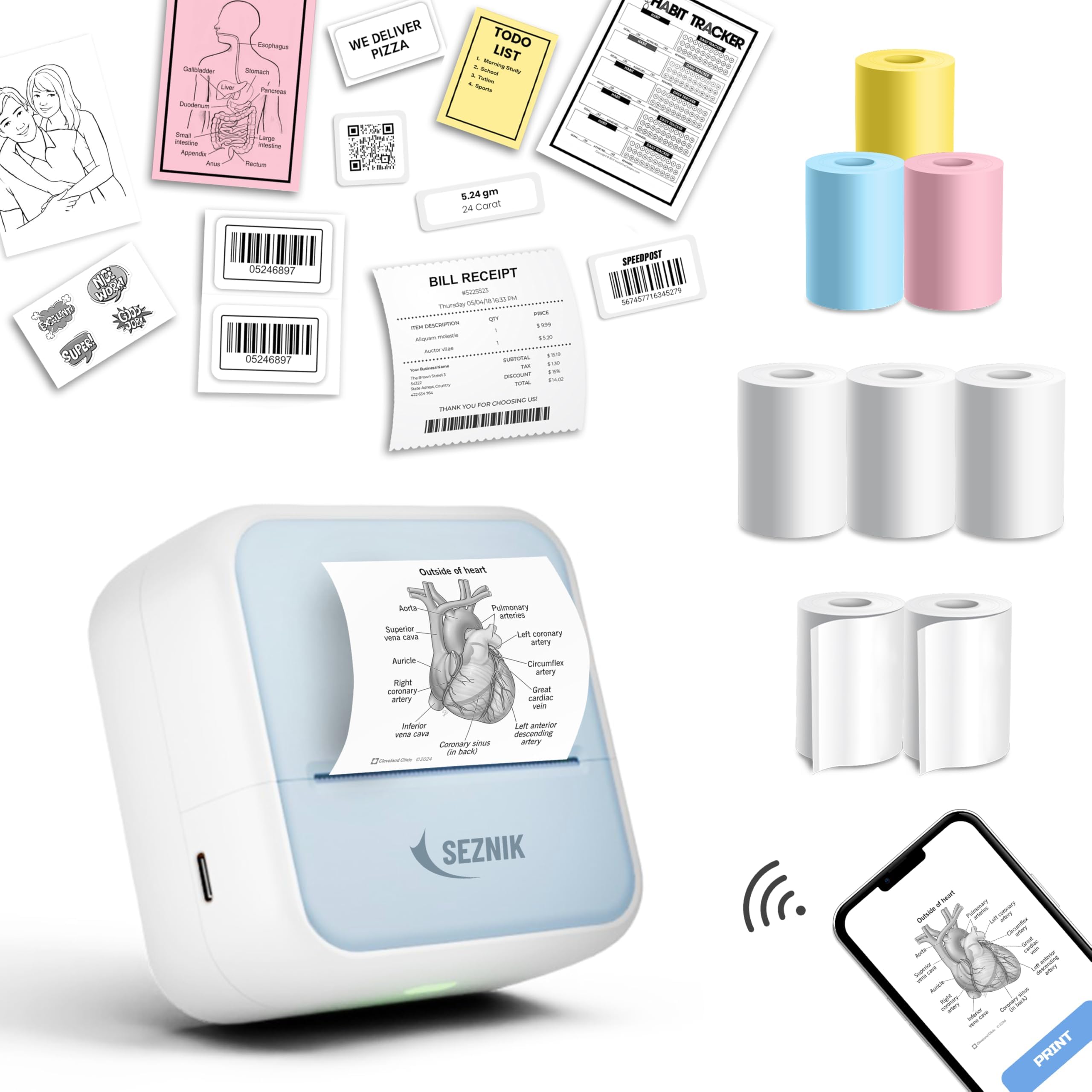SEZNIK Mini Wireless Monochrome Home Inkjet Printers, Inkless, Bluetooth, Portable Pocket Printer, Compatible with Android, iOS Mobile. 1 Year Warranty (Minix-Blue)