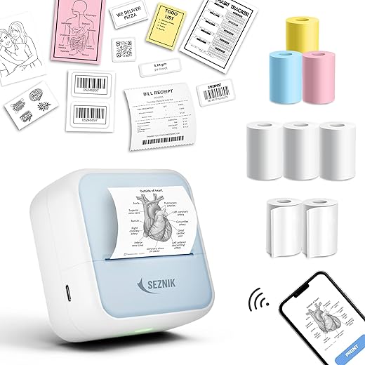 SEZNIK Mini Wireless Monochrome Home Inkjet Printers, Inkless, Bluetooth, Portable Pocket Printer, Compatible with Android, iOS Mobile. 1 Year Warranty (Minix-Blue)