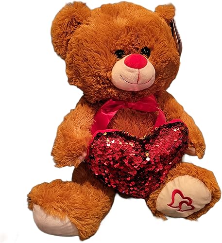 Día de San Valentín de 15 pulgadas marrón marrón tostado y blanco color varía peluche de oso con corazón de lentejuelas rojas relleno para el