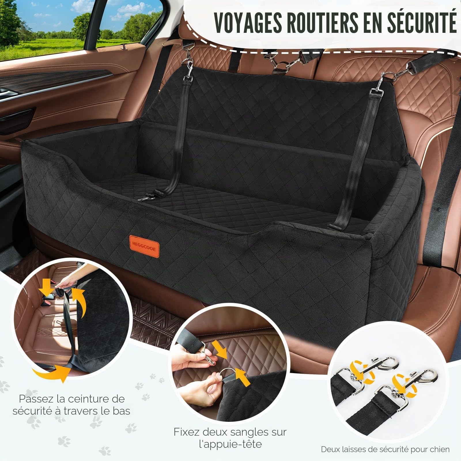 HEGGCOOE Grand siège auto pour chien de moins de 45,4 kg, lit de voiture lavable pour 2 chiens de taille moyenne, siège rehausseur amovible pour animal de compagnie avec poche de rangement et ceinture