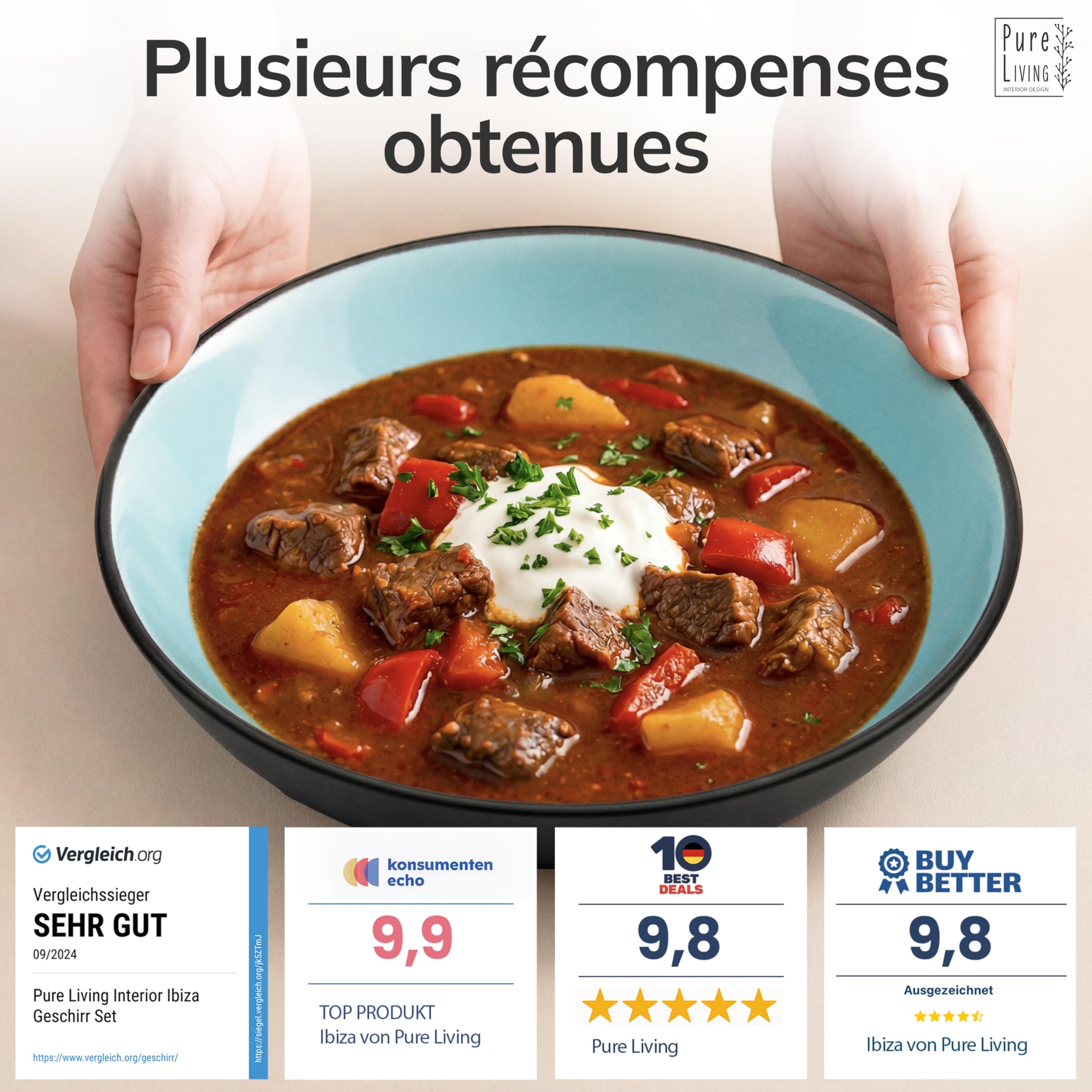 Ensemble Prestige de Services de Table: Assiettes Creuses en Porcelaine pour 6 Personnes - Élégantes Assiettes de Service pour une Expérience Culinaire Raffinée, Pure Living aigue-marine